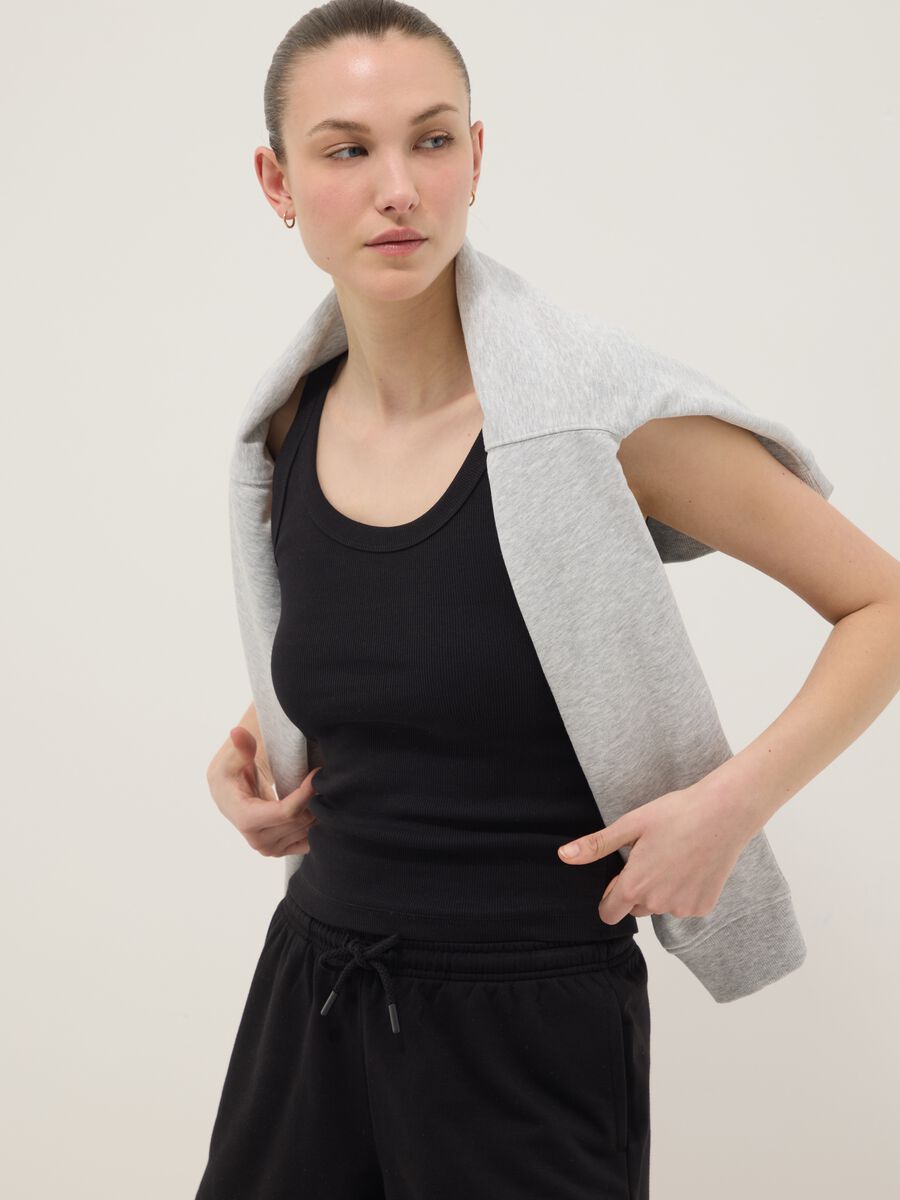 Black stretch cotton fitted vest top_2