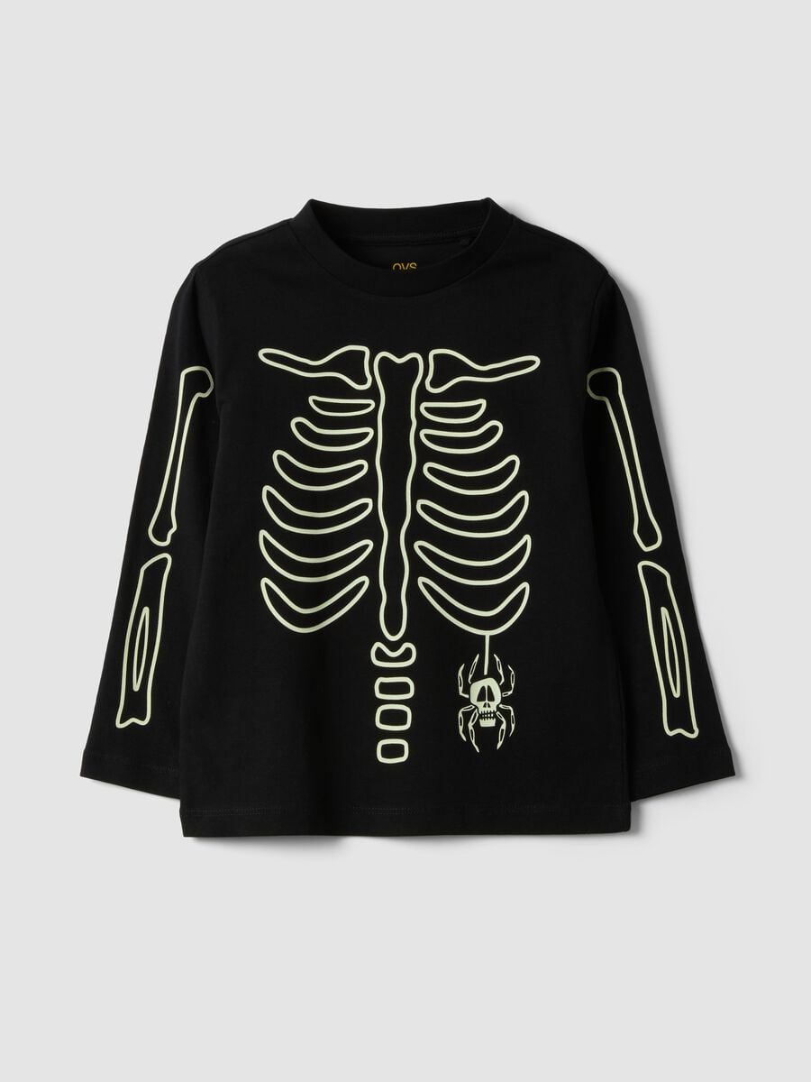 Black pure cotton crew-neck T-shirt with skeleton print_0