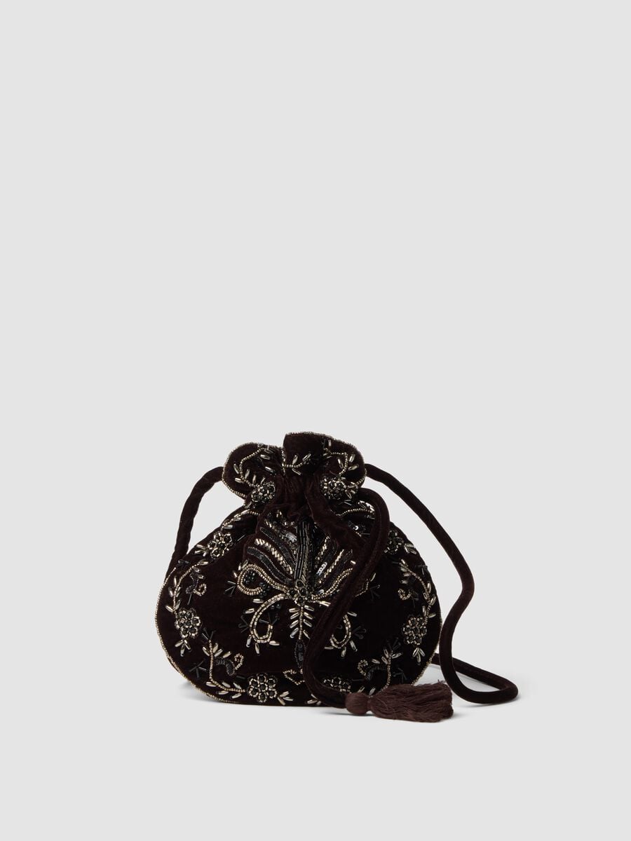 Dark brown bucket bag with beaded embroidery_0