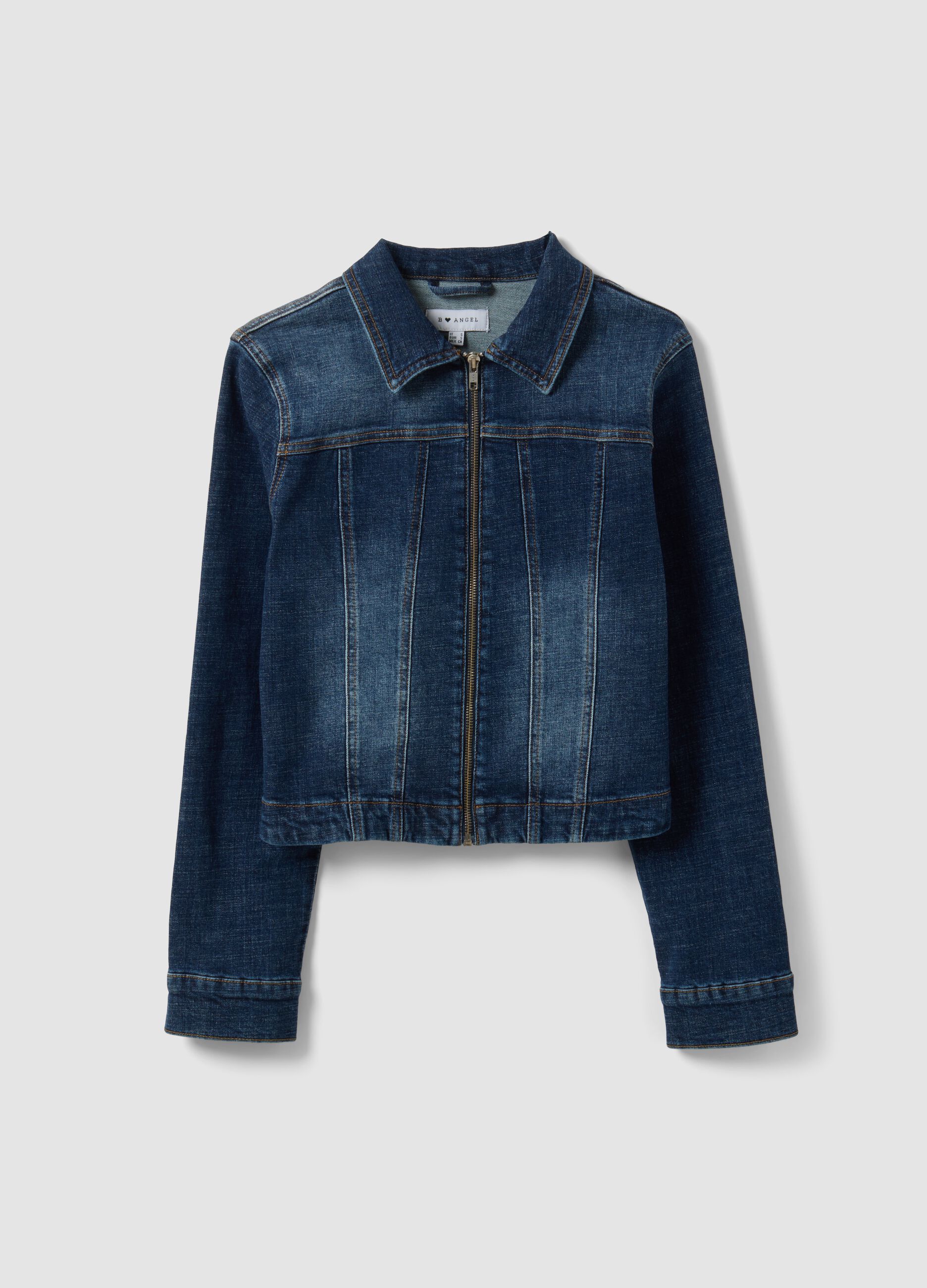 Blue slim-fit stretch cotton denim jacket with zip