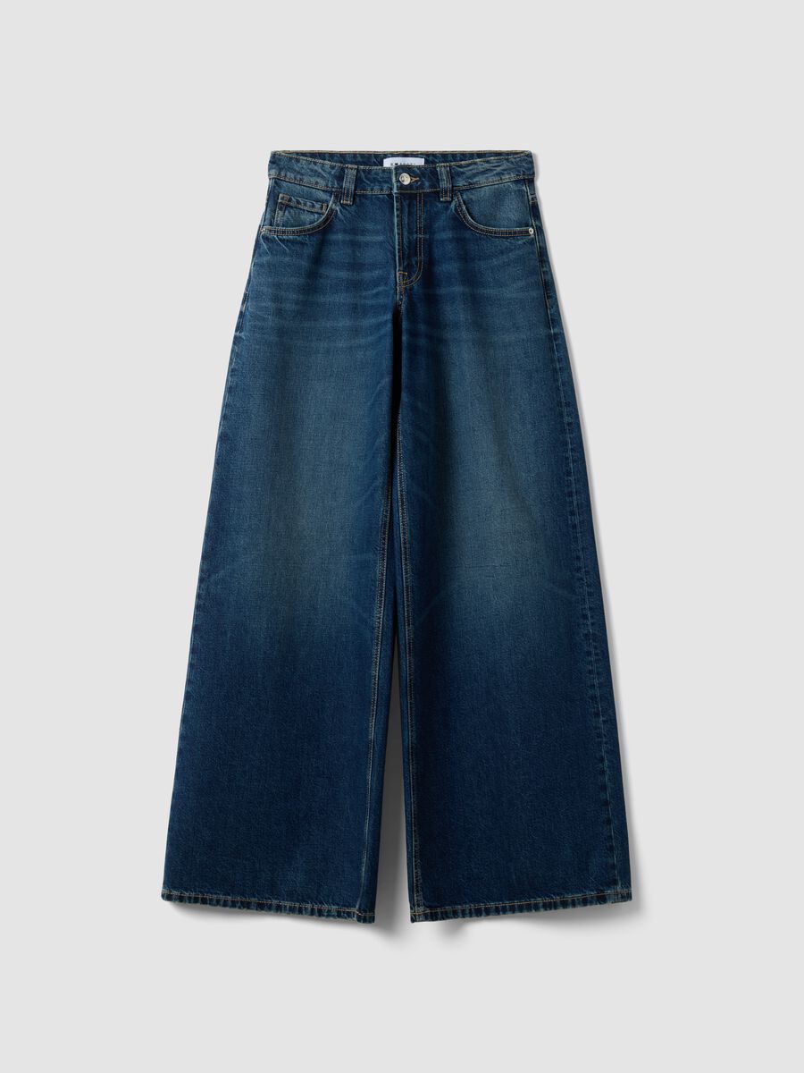 Jeans denim blu in puro cotone super wide leg_0