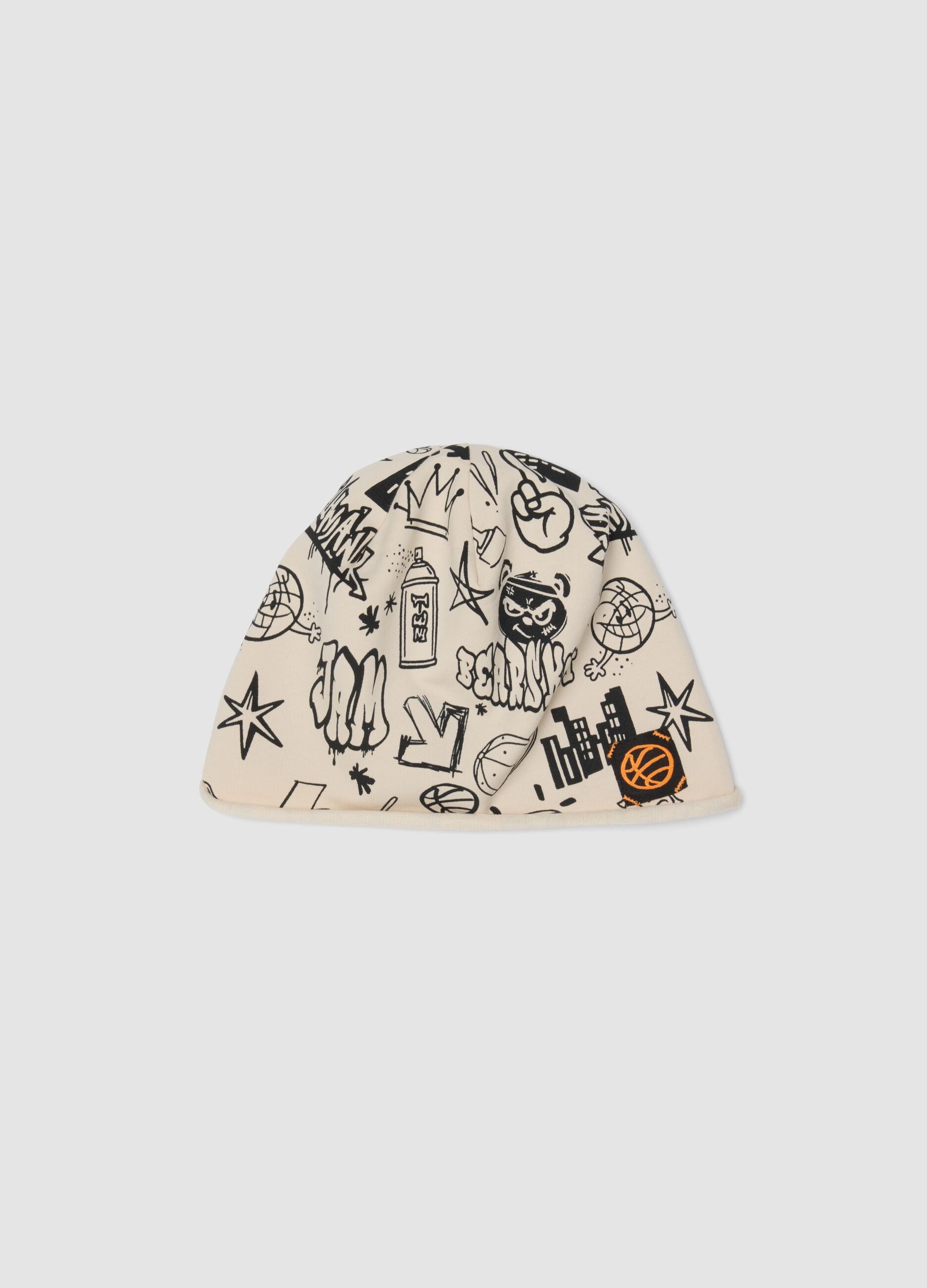 Beige stretch organic cotton printed hat for boys