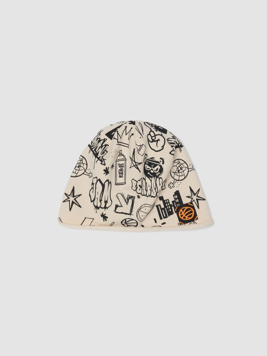 Beige stretch organic cotton printed hat for boys_0