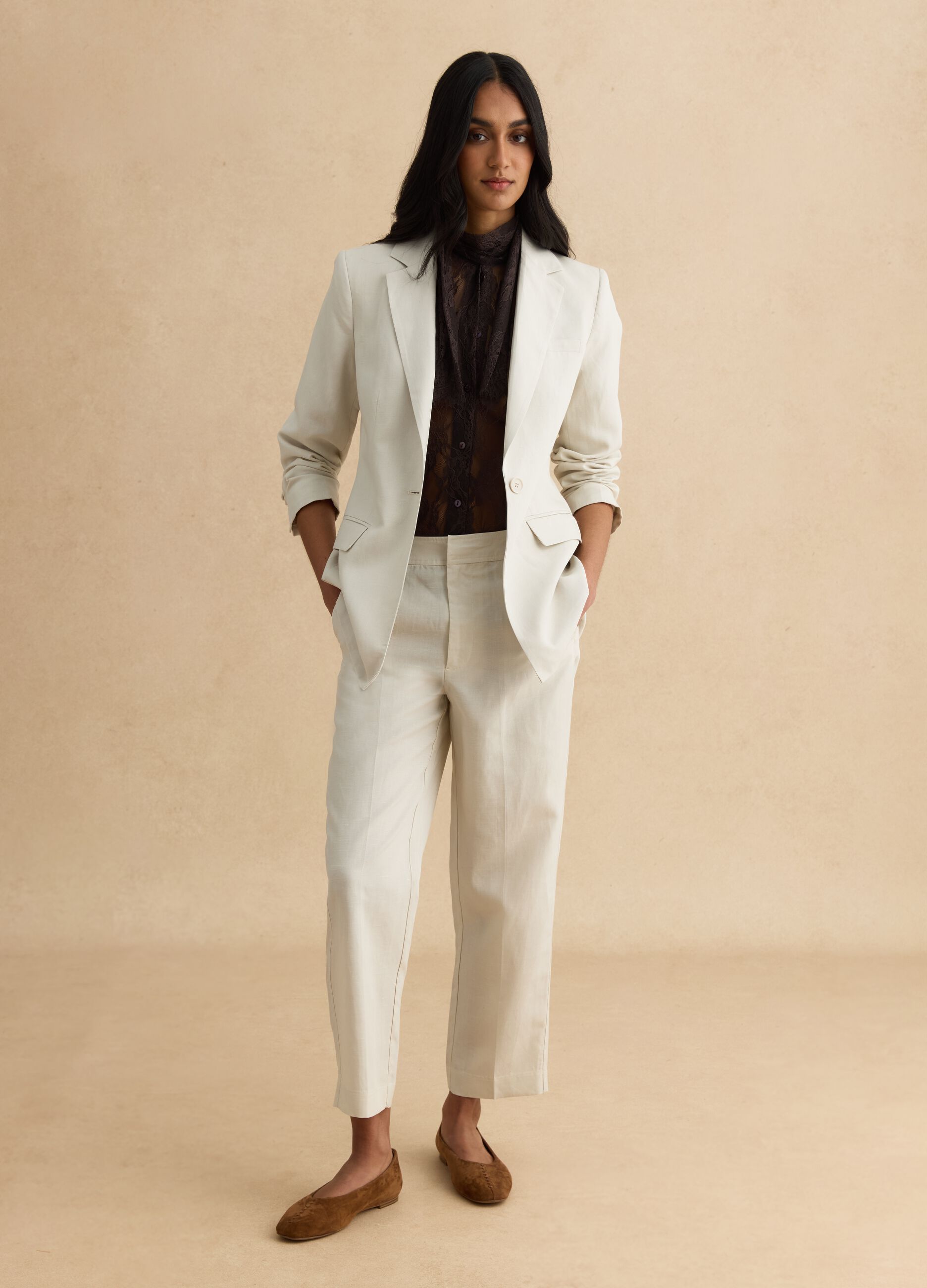 Beige Lyocell and Linen Blend Regular Fit Trousers