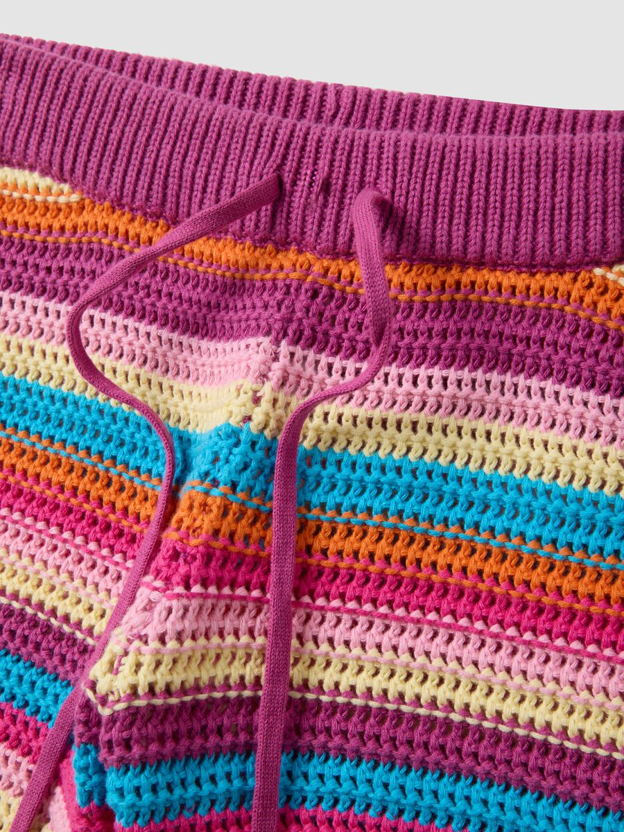 Multicolour striped pure cotton crochet shorts_1