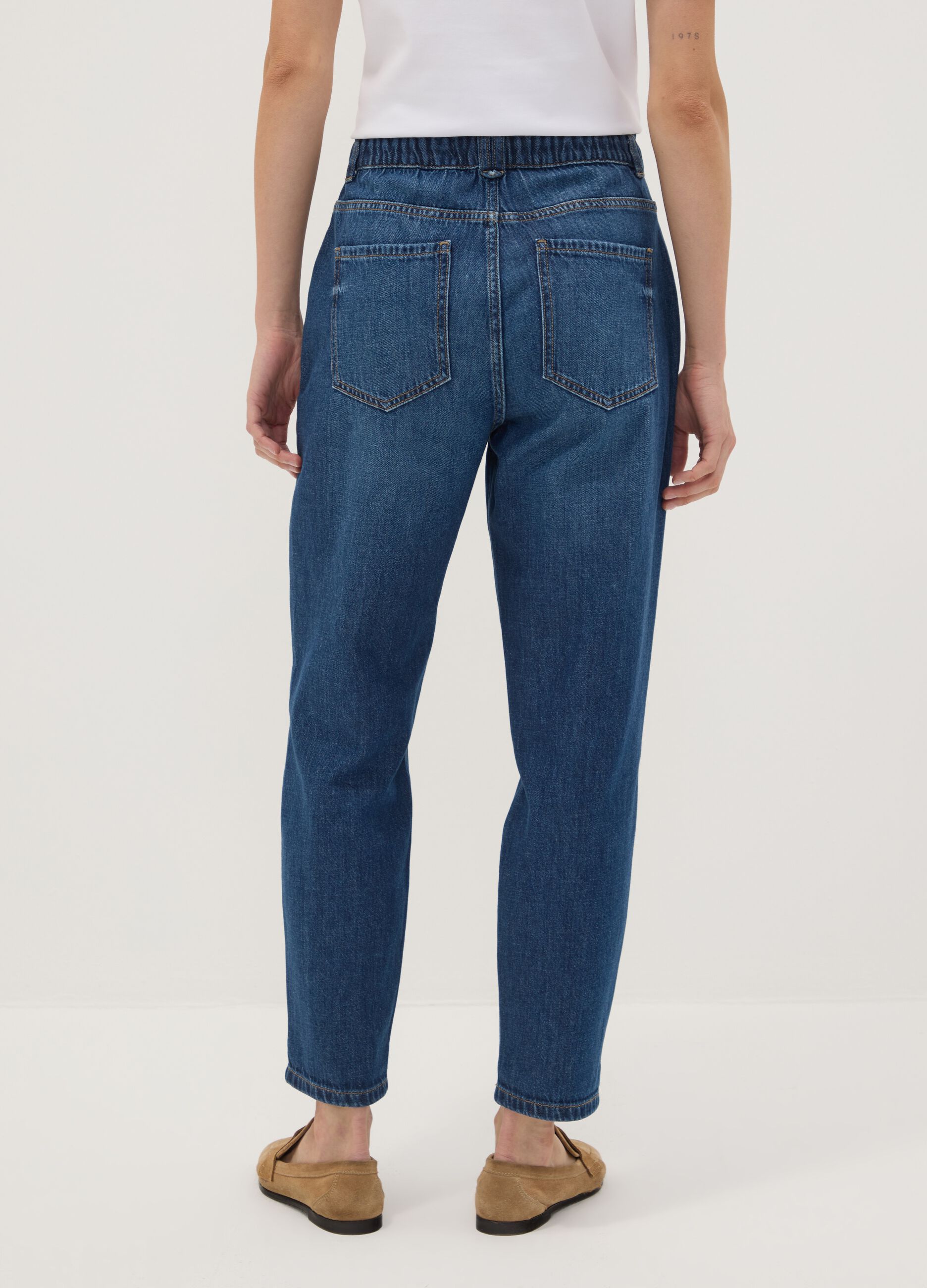 Blue denim baggy-fit jeans in pure cotton with paperbag waist