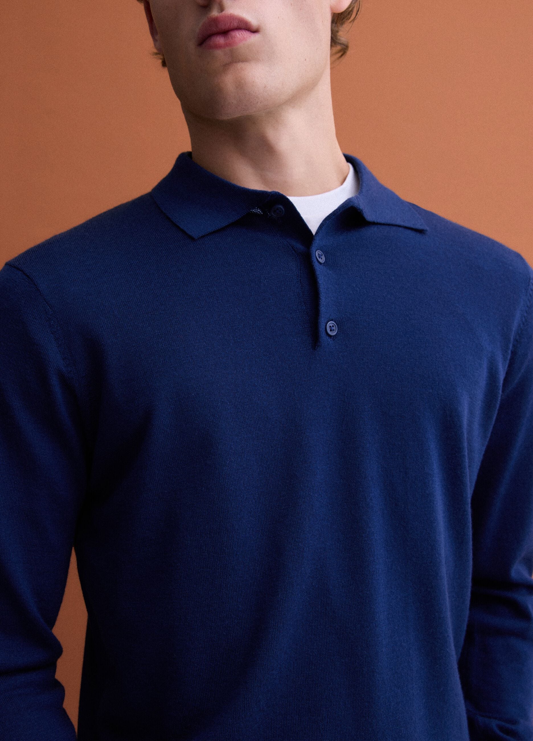 Blue pure merino wool polo jumper with polo collar