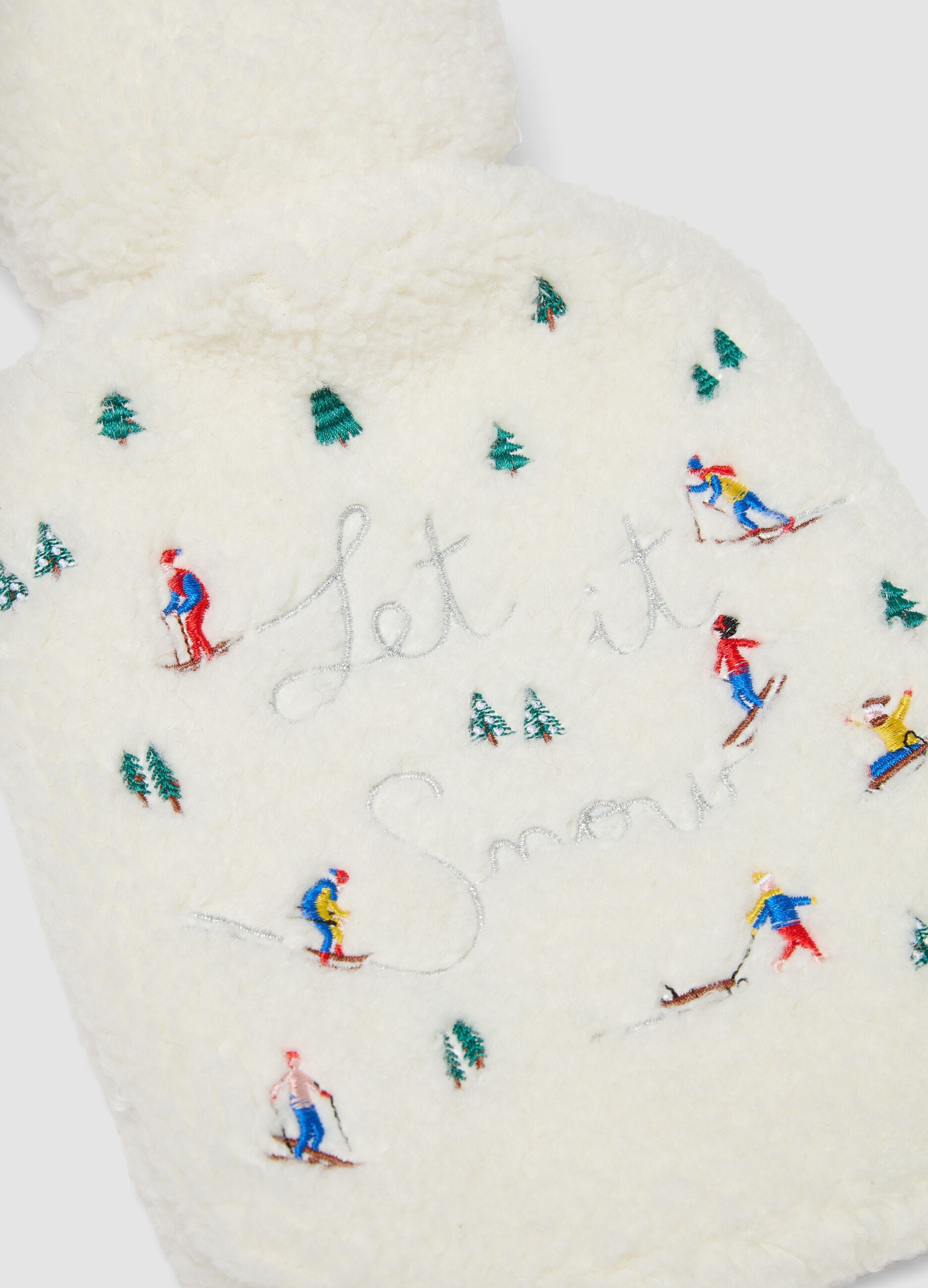 White hot water bottle with Christmas embroidery