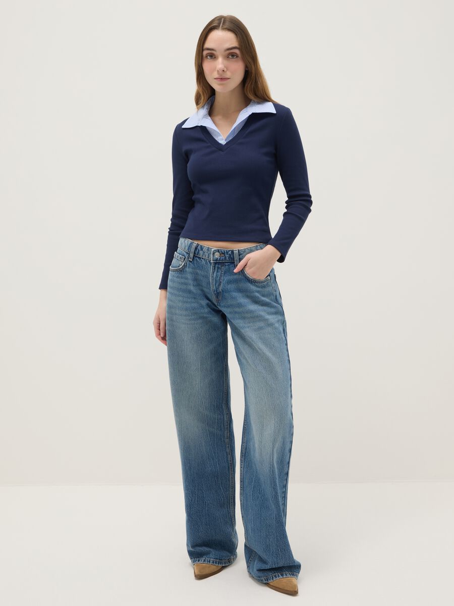 Blue stretch cotton regular fit T-shirt with contrast collar_1