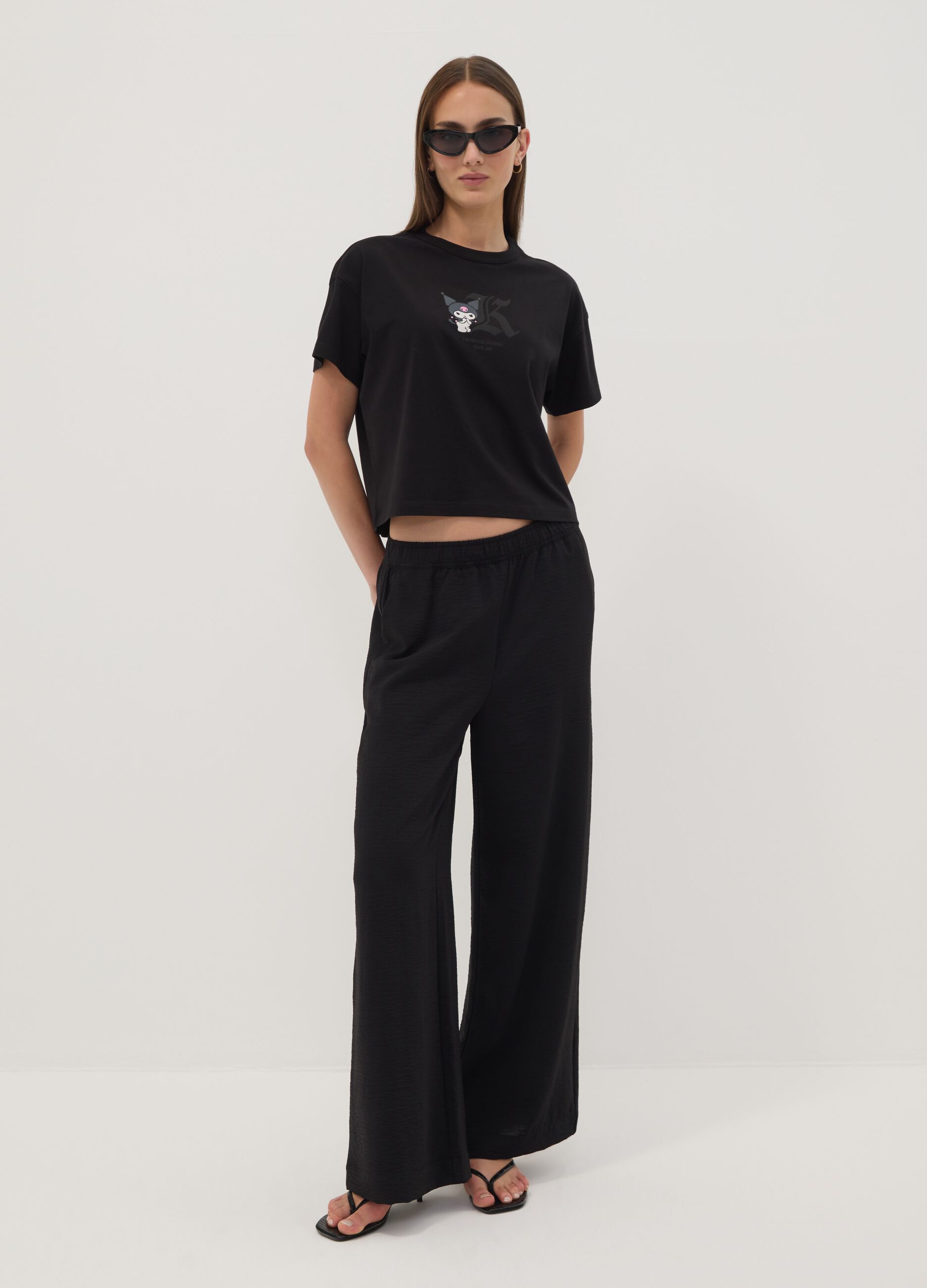 Black pure cotton Kuromi print T-shirt, regular fit