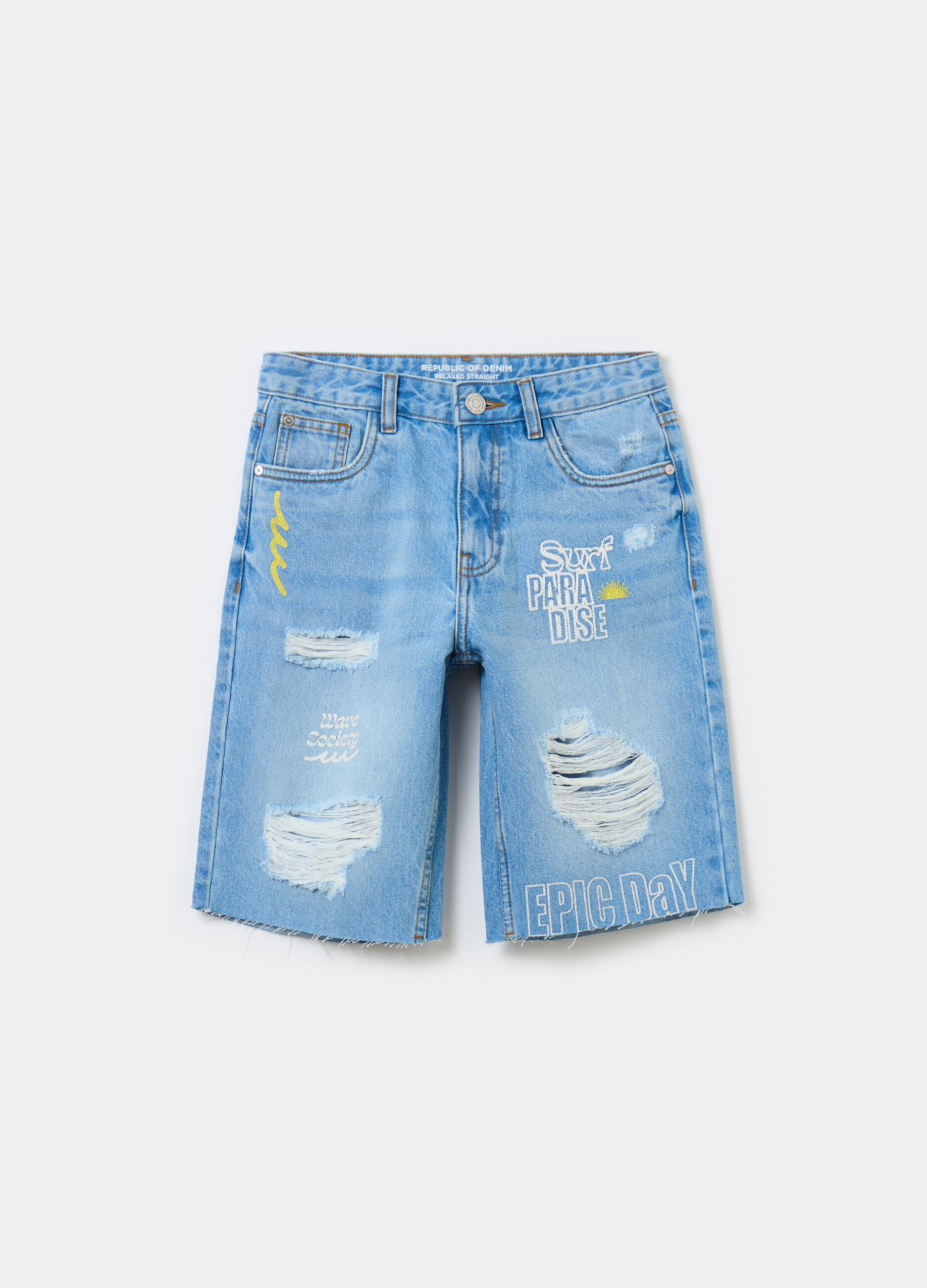Denim Bermuda shorts with abrasions and print