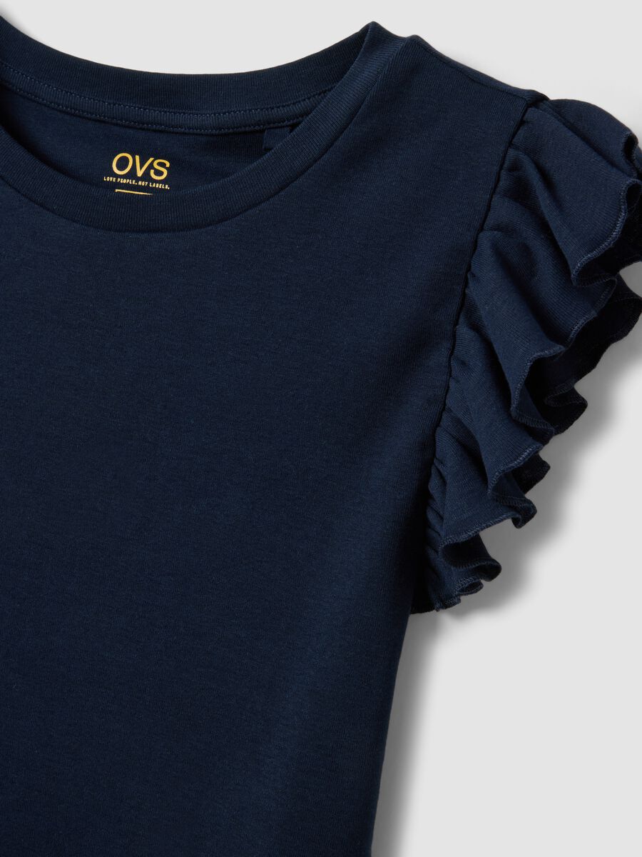 Slim fit blue pure cotton T-shirt with ruffles_5