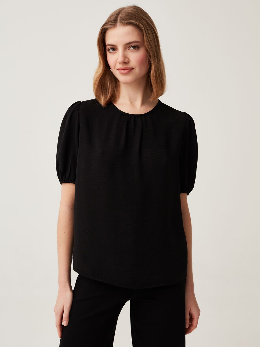 Cotton crêpe blouse with puff sleeves_1