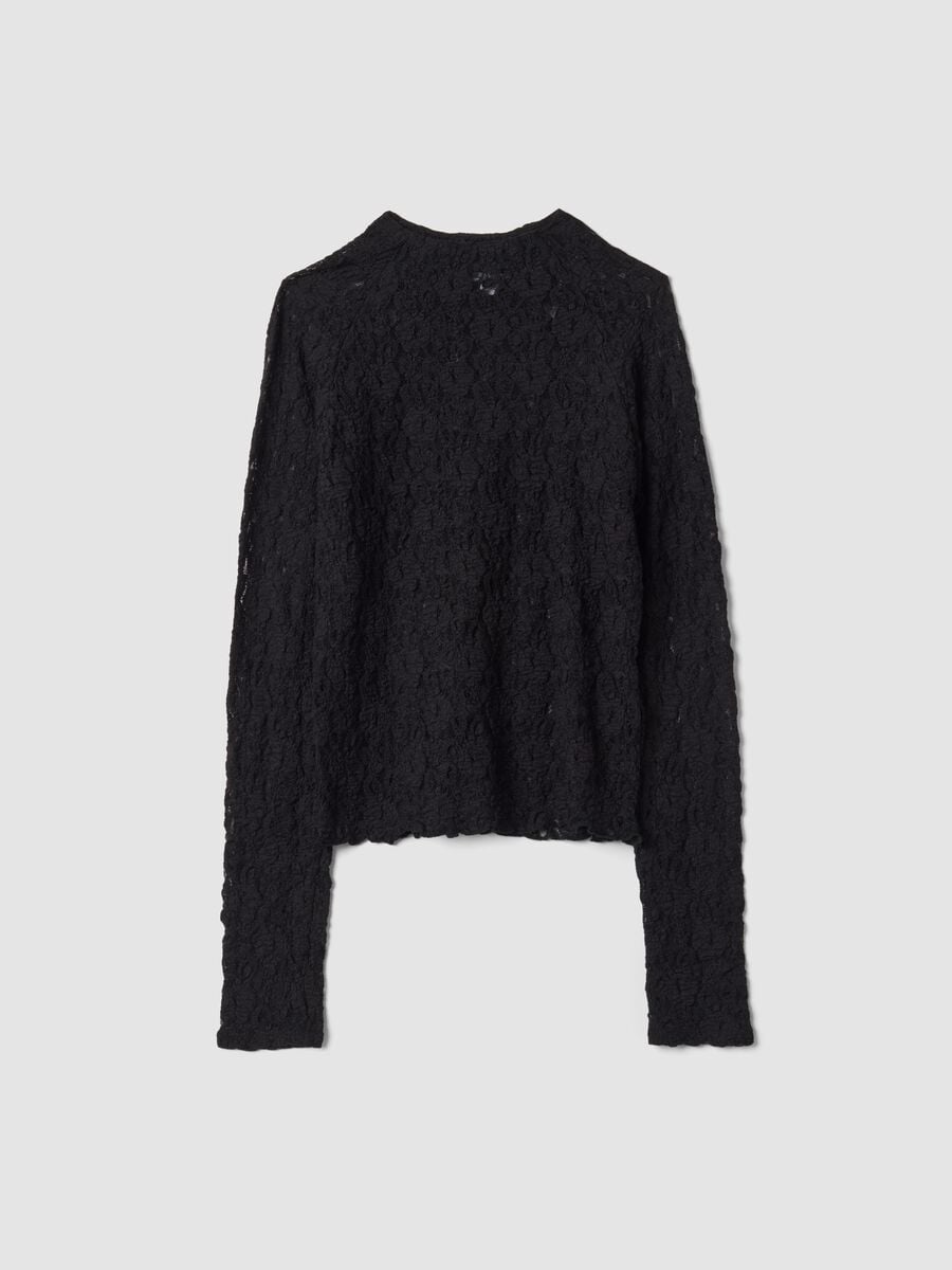 T-shirt nera in tessuto elasticizzato traforato con colletto rialzato_4