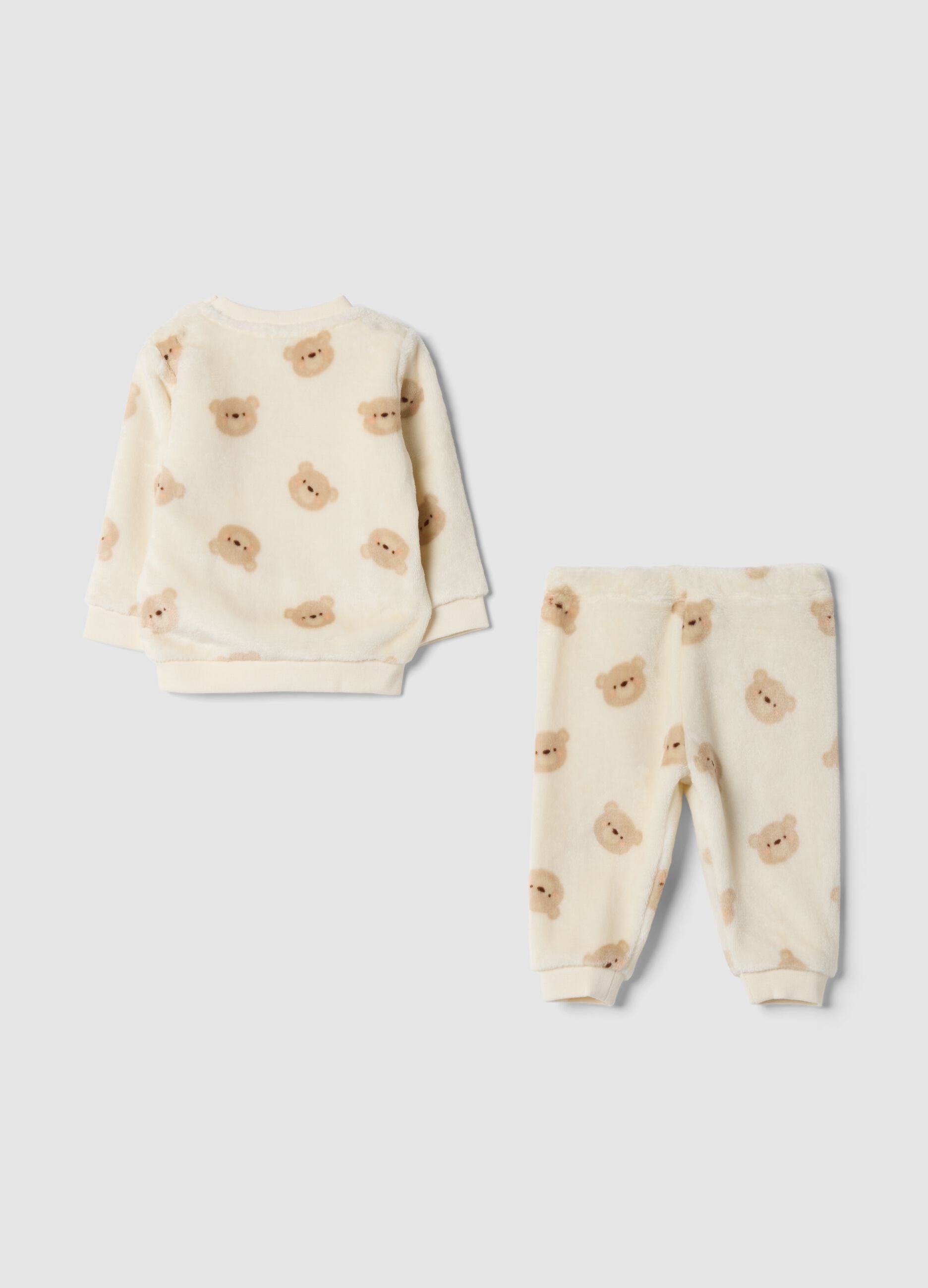 Ivory white crew-neck pyjama set with teddy bear print
