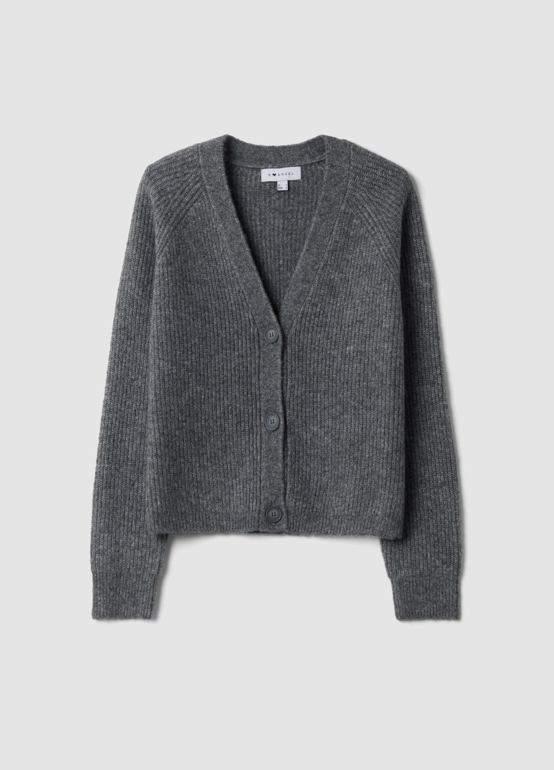 Graue Strickjacke aus elastischer Wolle mit tiefem V-Ausschnitt, Oversize-Fit