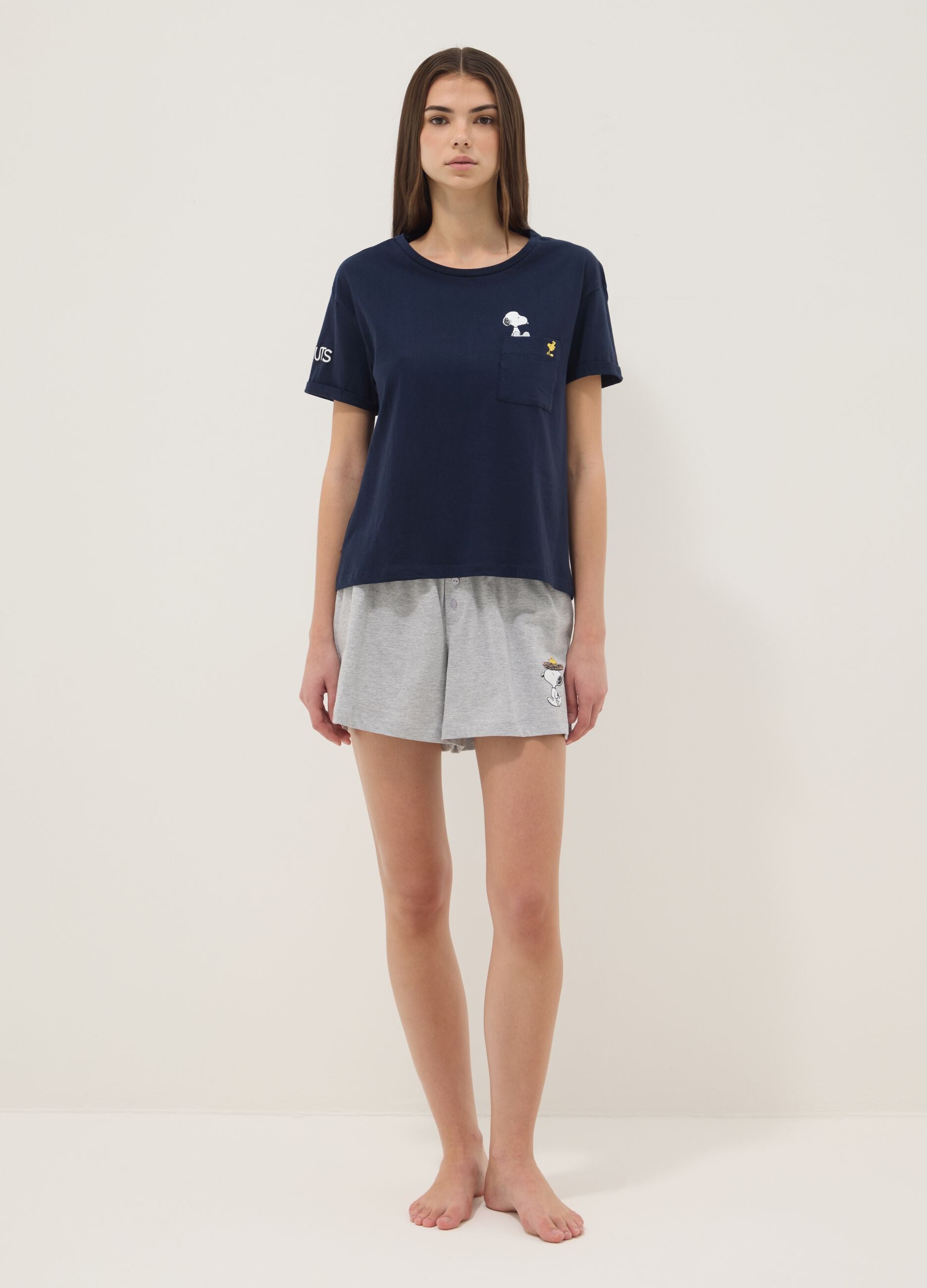 Blue and grey pure cotton short pyjamas with Peanuts print