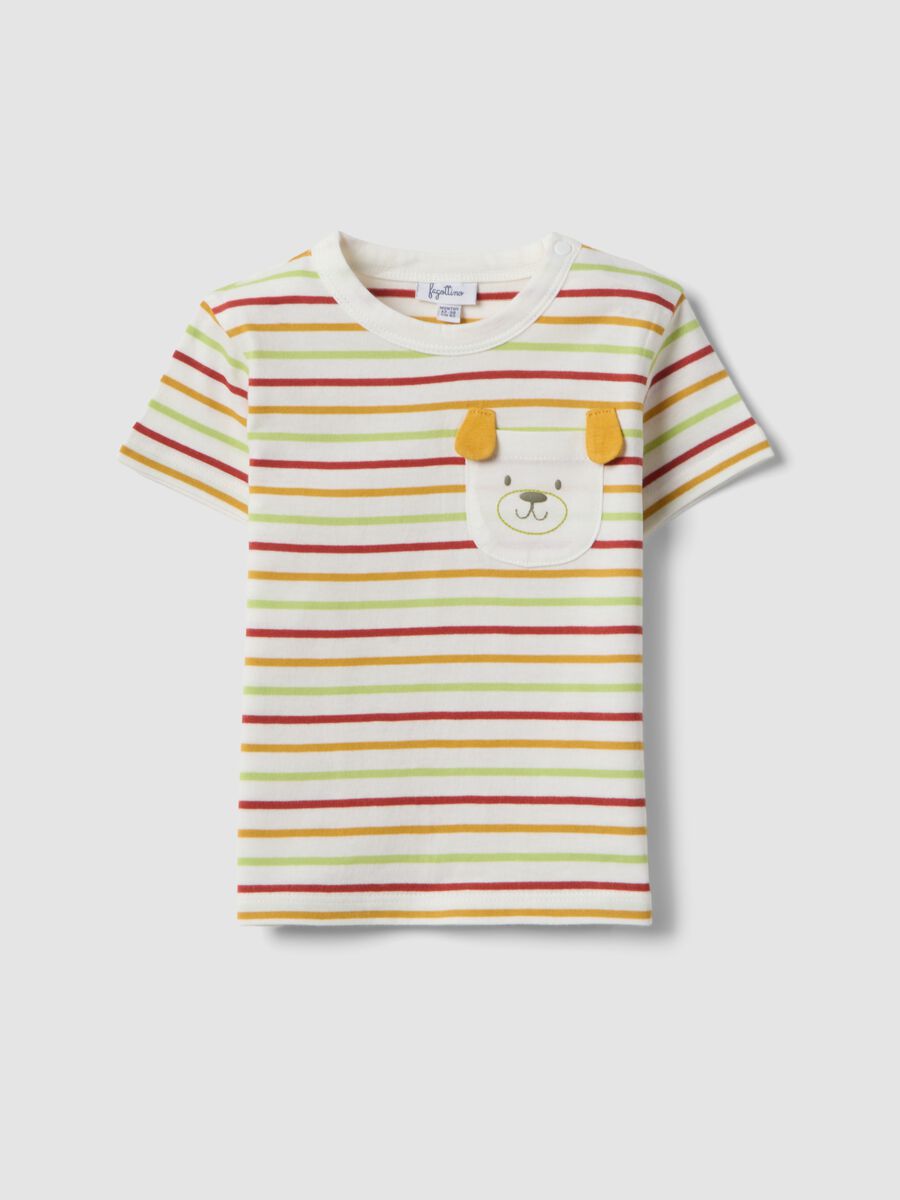 Boys&rsquo; pure cotton multicolour striped T-shirt with dog pocket_0