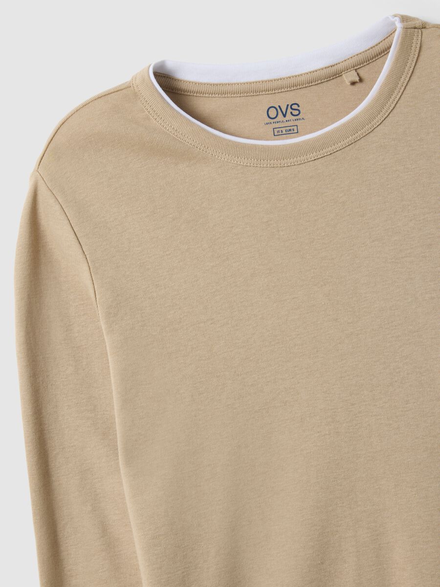 Camisola bege de manga comprida em puro algod&atilde;o ajuste regular_1