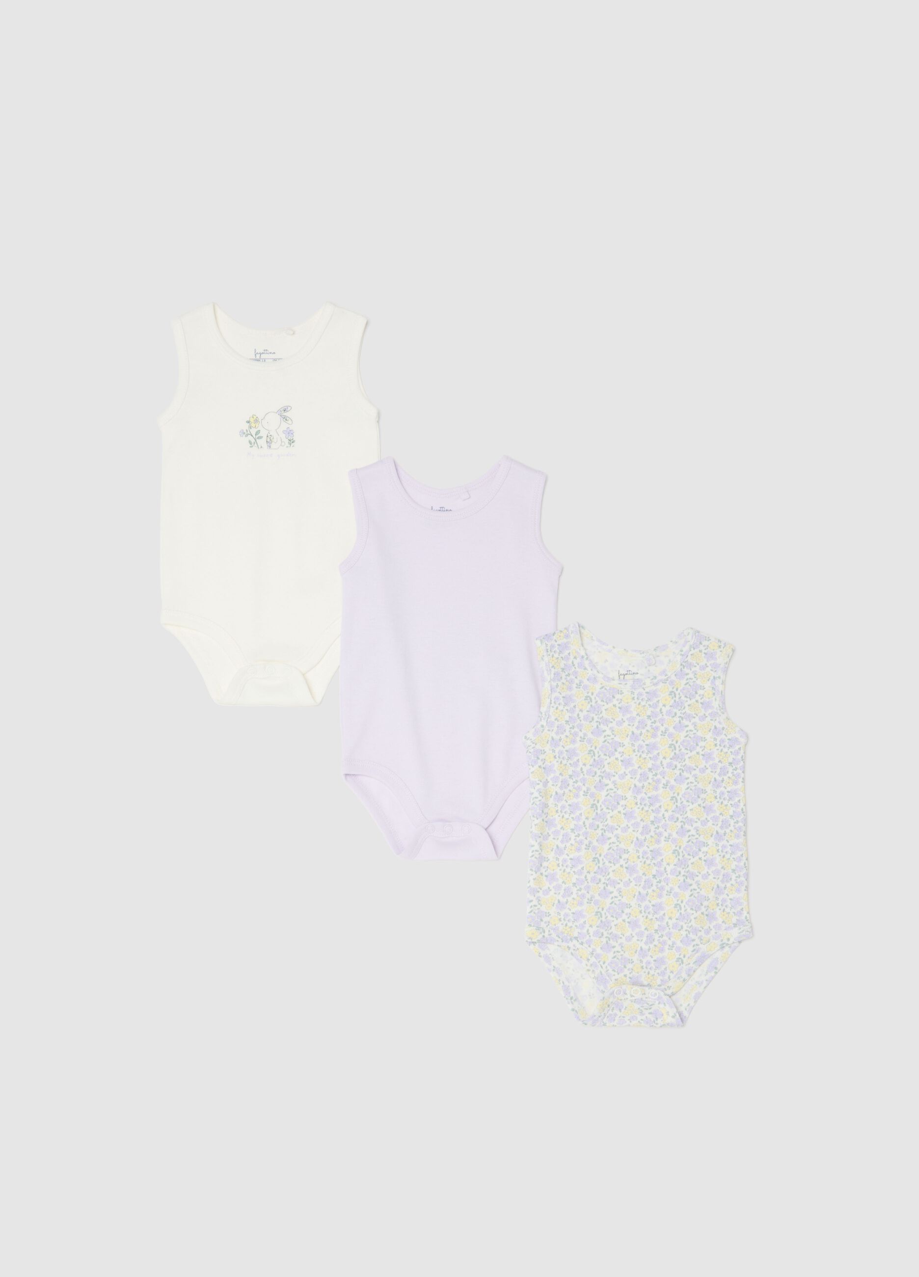 Tripack sleeveless bodysuits in multicolour pure cotton for infant girls