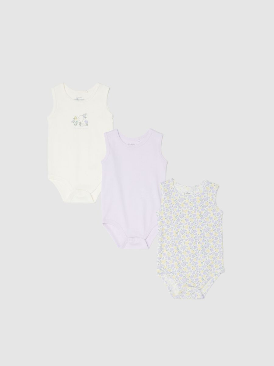 Tripack sleeveless bodysuits in multicolour pure cotton for infant girls_0