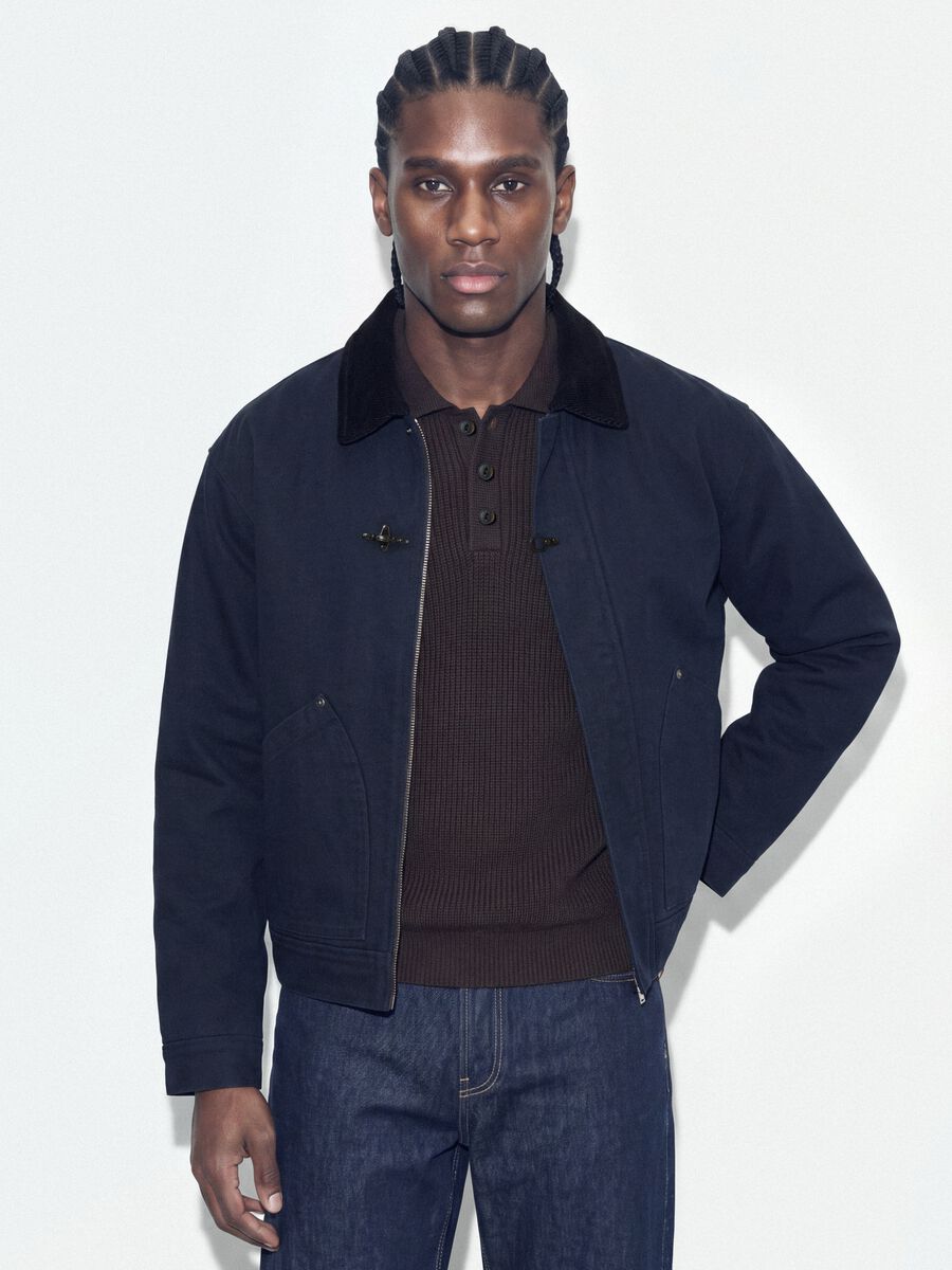 Blaue, wattierte Cropped-Jacke aus reiner Baumwolle, Oversized-Fit_0
