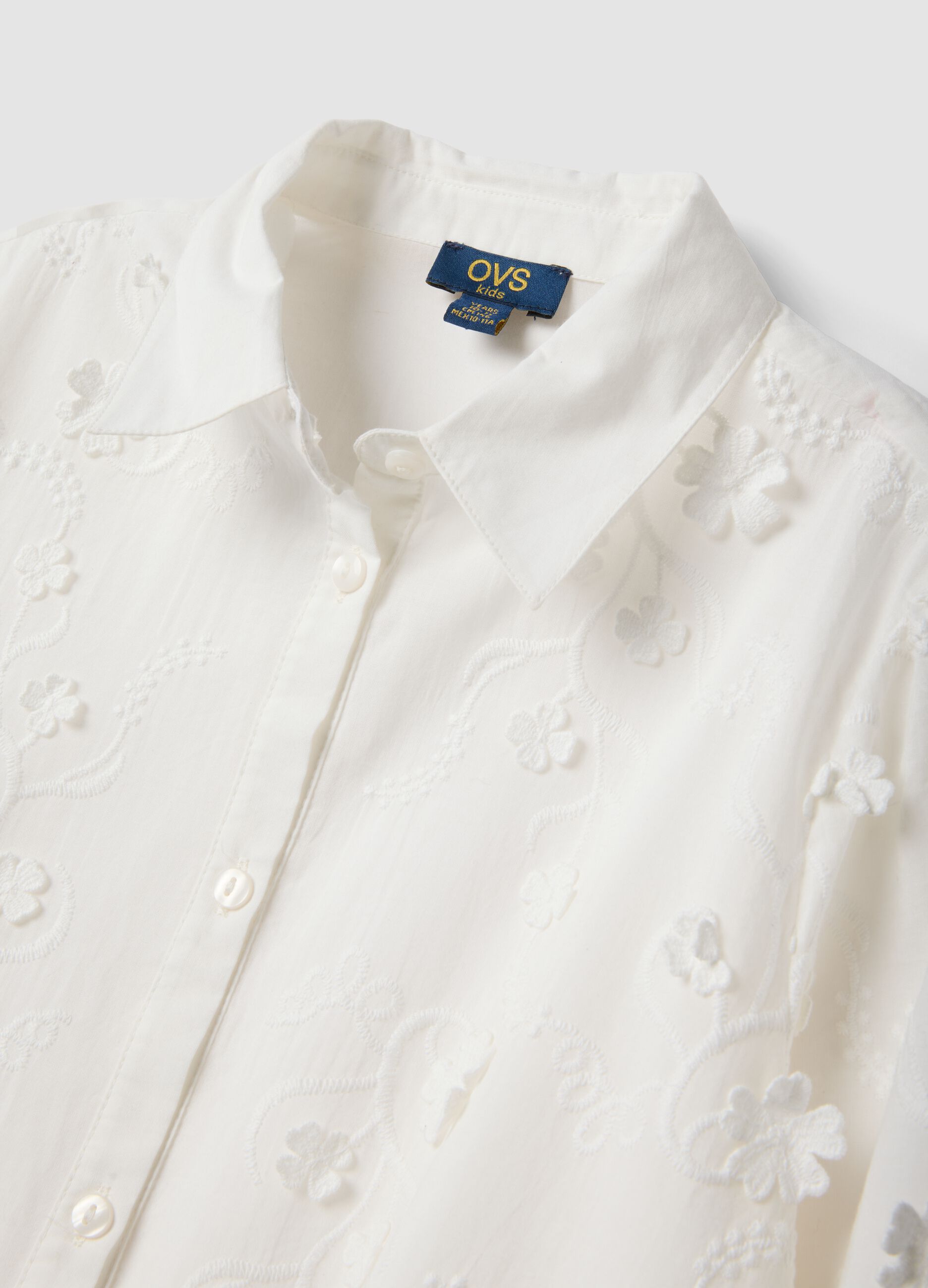 White pure cotton poplin shirt with floral embroidery