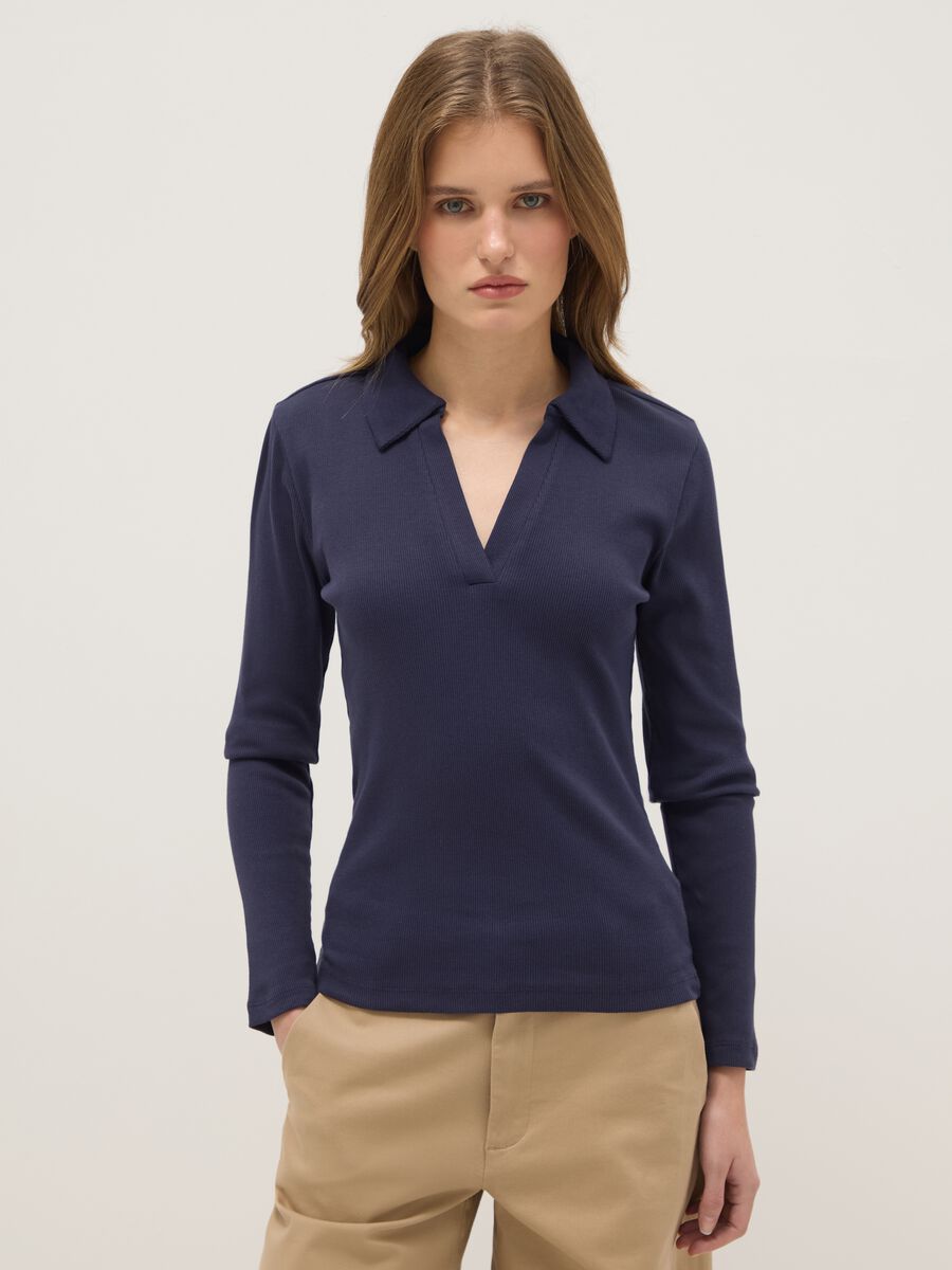 Blue long sleeve polo with V-neck in pure cotton regular fit_0