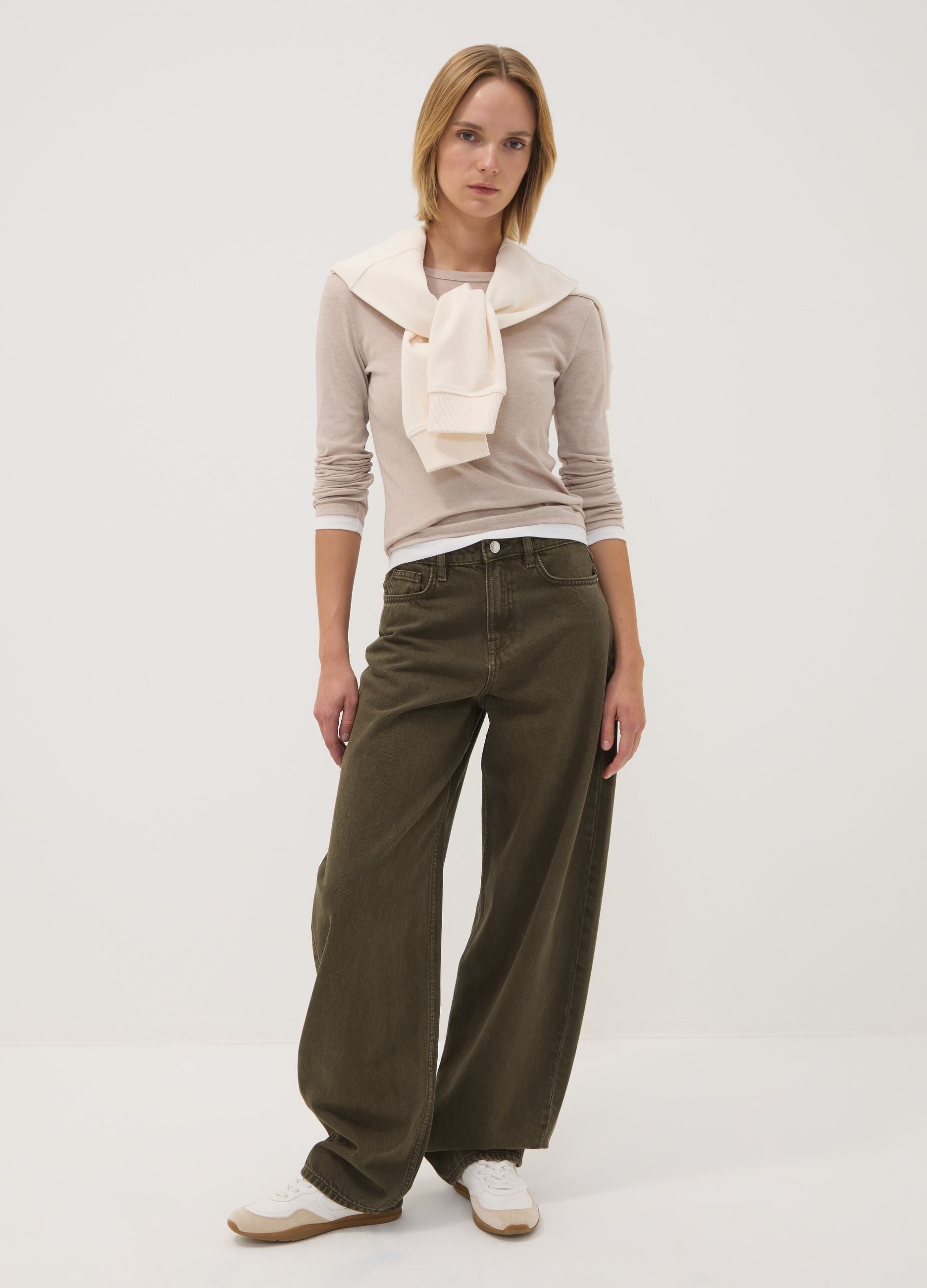 Beige cotton-blend crew-neck T-shirt