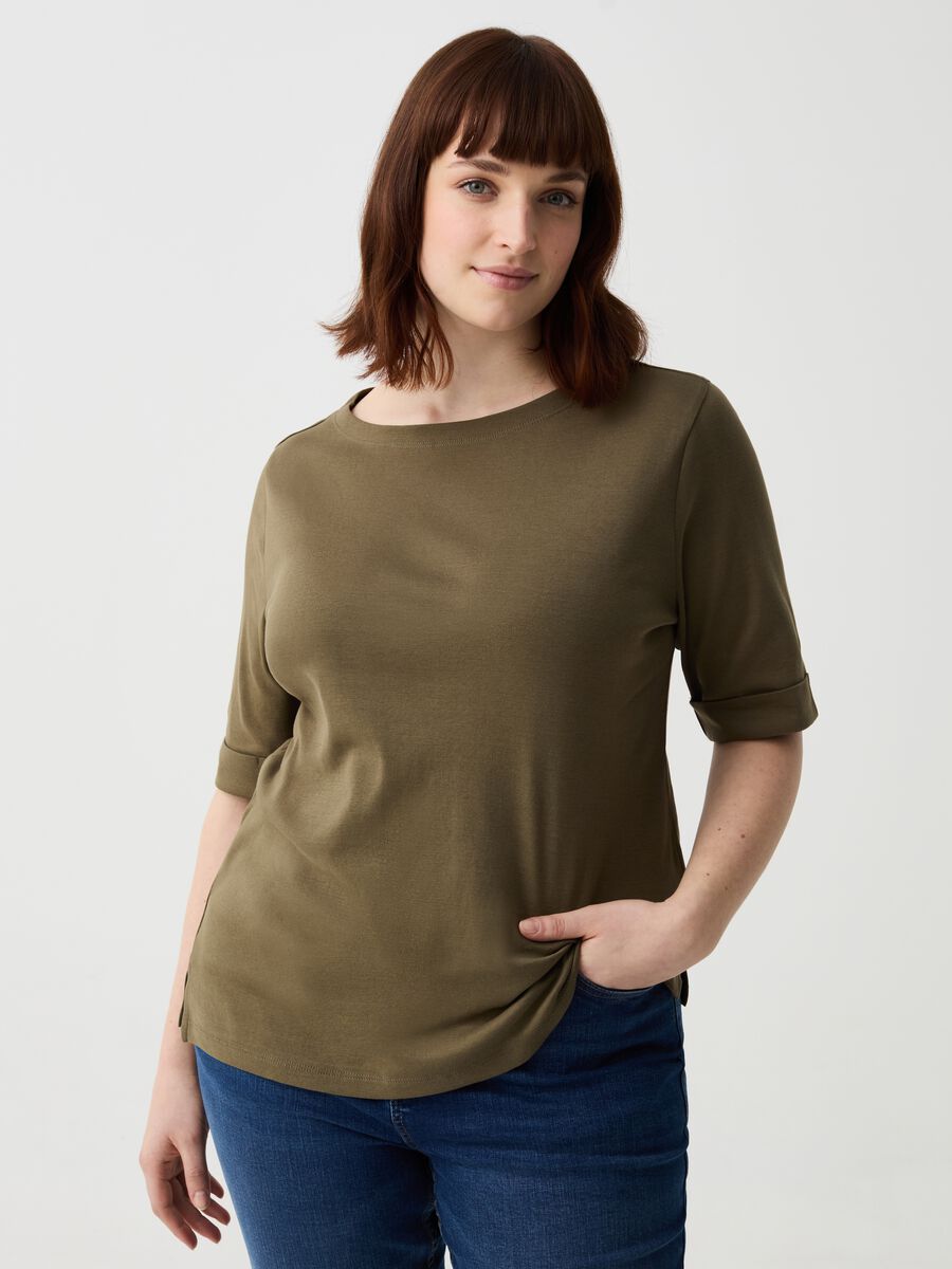 Curvy T-shirt with elbow-length sleeves with turn ups_0
