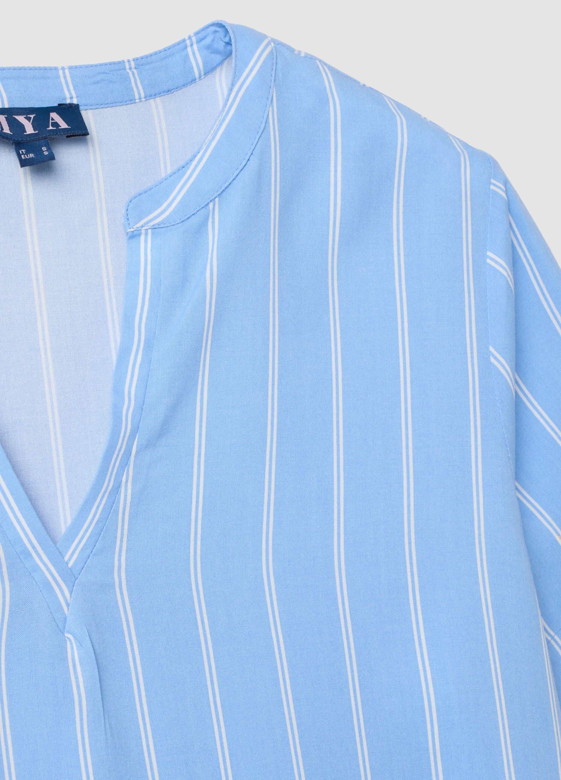 Blue striped pure viscose blouse with Mandarin collar, regular fit