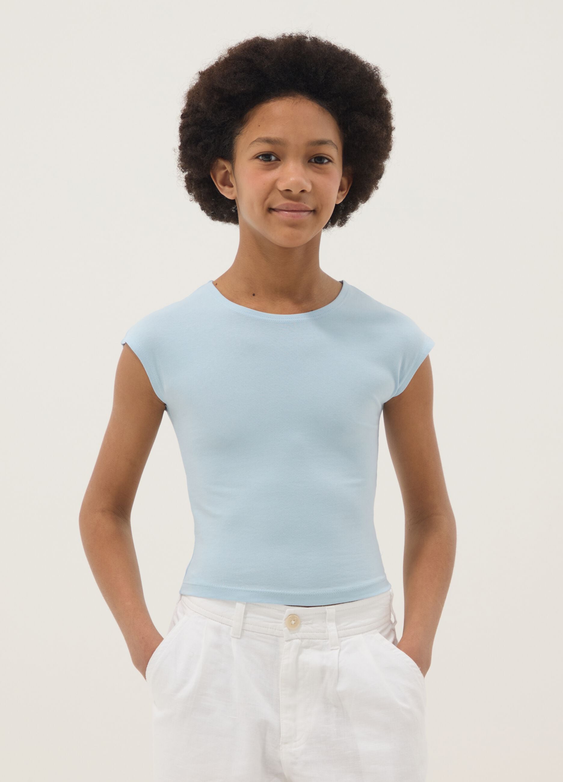 Slim Fit Girl's Blue Stretch Cotton T-shirt