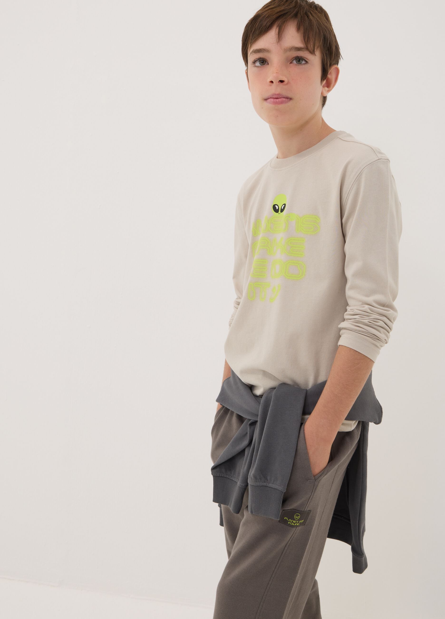 Grey pure organic cotton printed T-shirt for boys