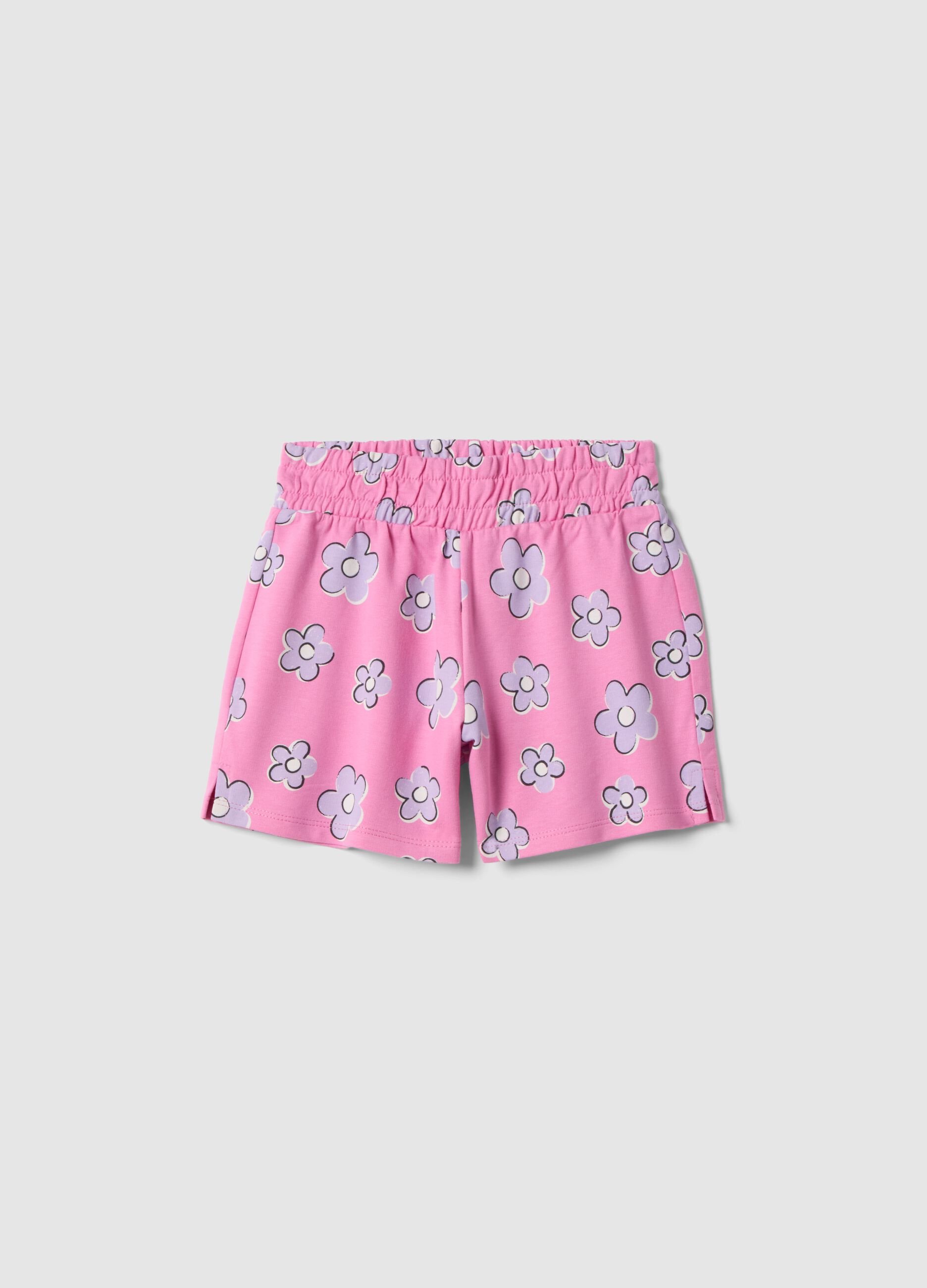 Girls' regular fit pink pure cotton shorts with flowers