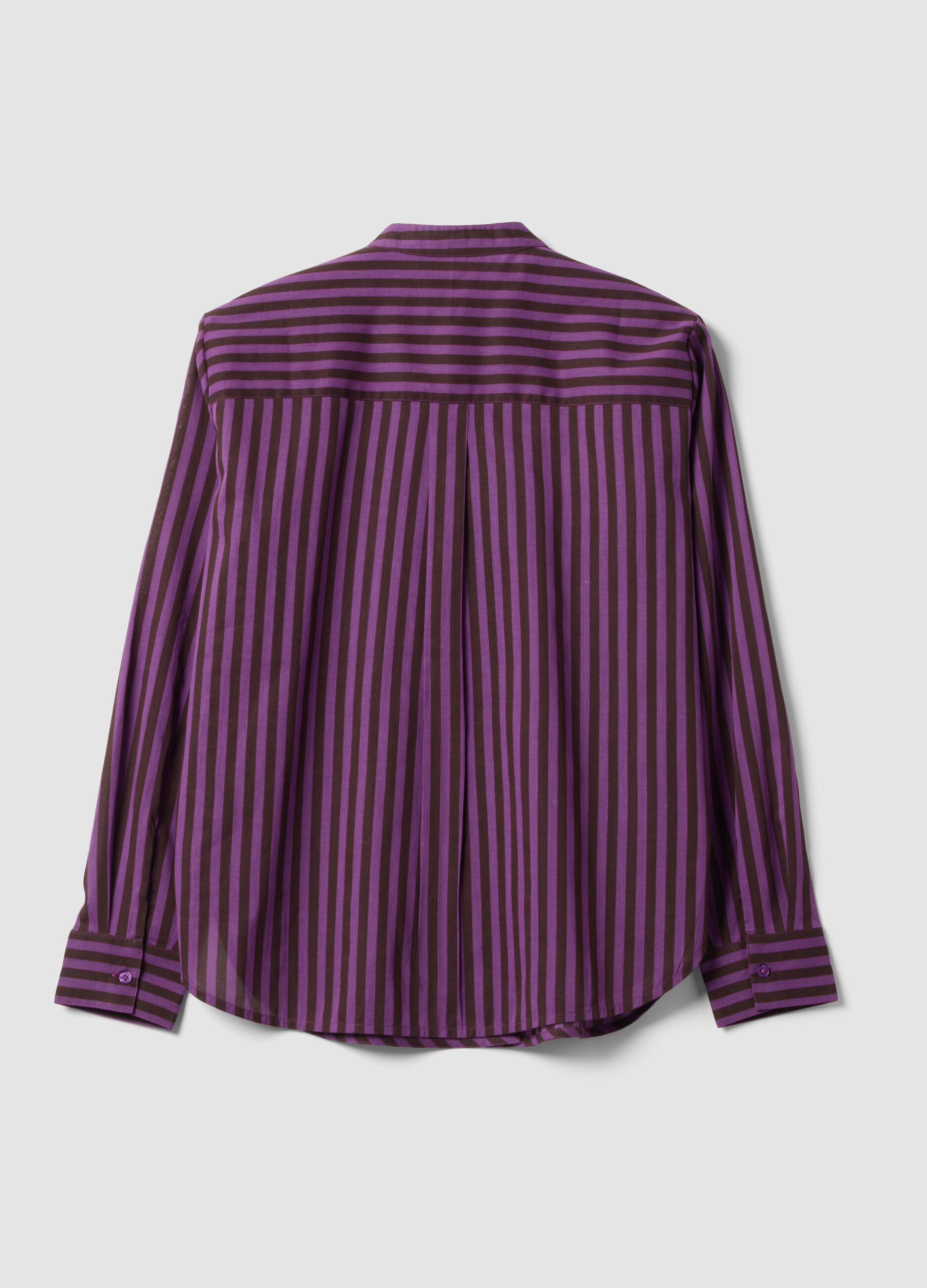 Purple pure cotton striped shirt with grandad collar, regular fit