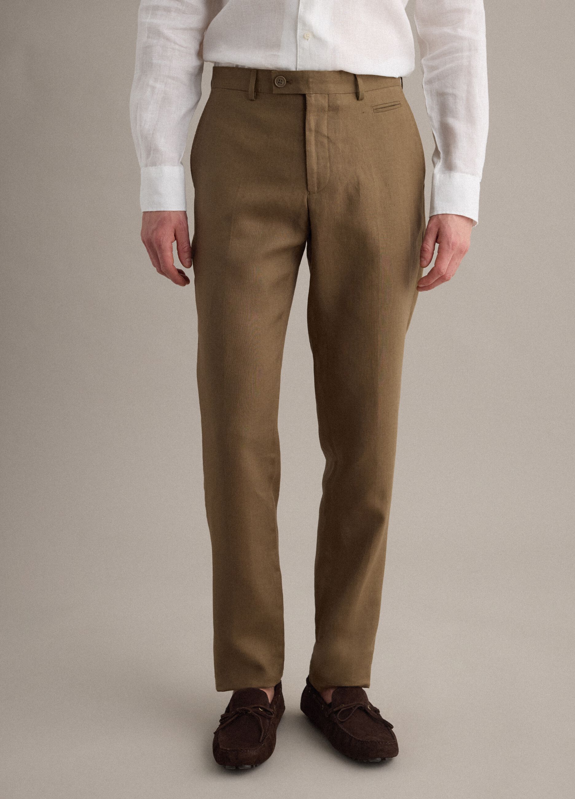 Brown pure linen regular fit trousers