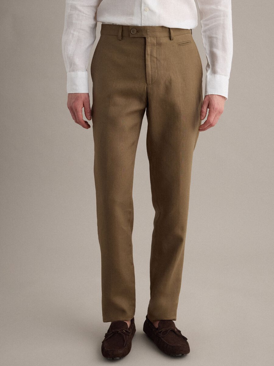 Brown pure linen regular fit trousers_2