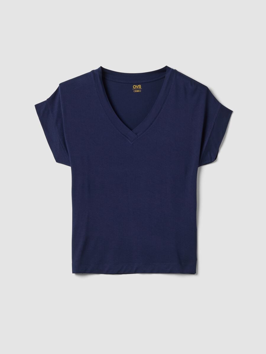 Blue stretch viscose V-neck T-shirt_4