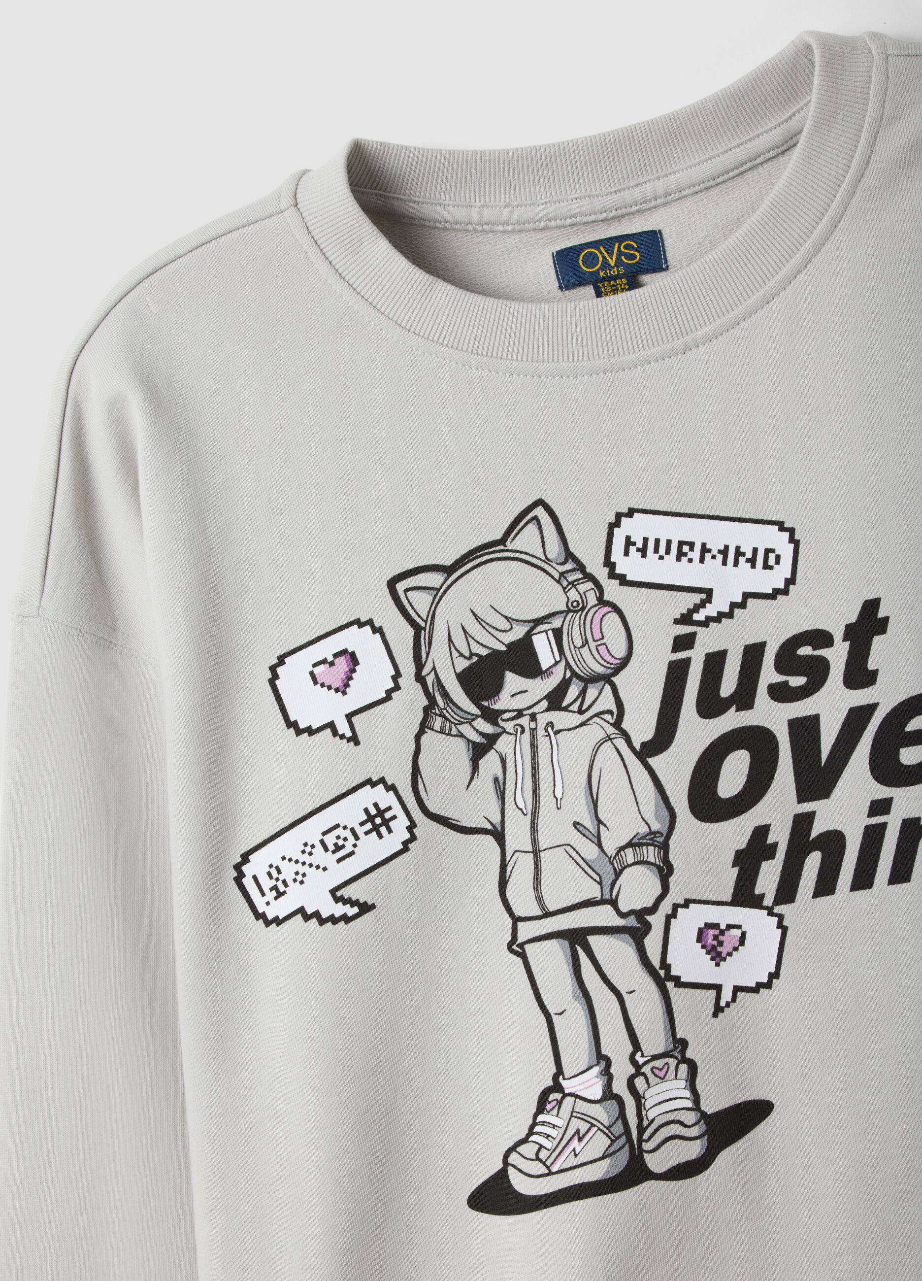 Grey pure cotton sweatshirt with ribbed neckline and print for girls