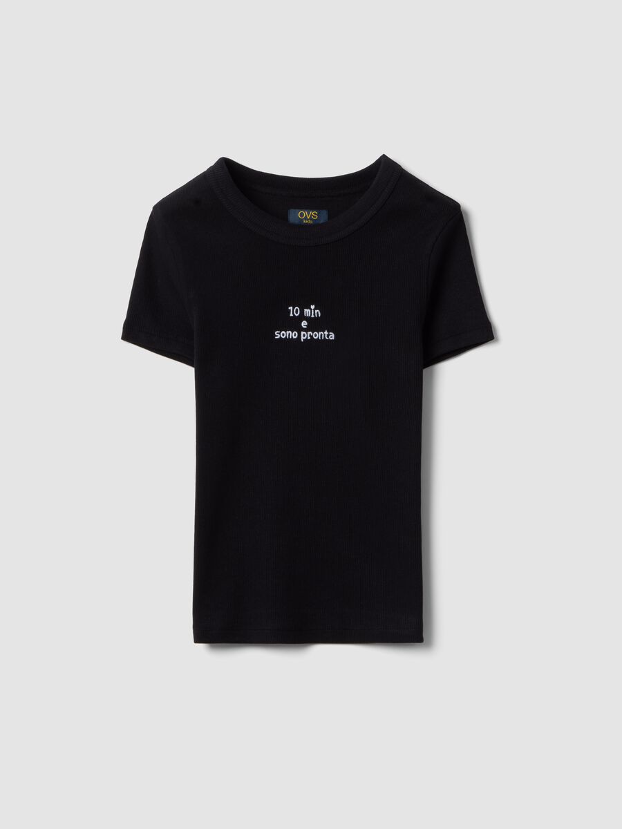 Fitted black cotton blend T-shirt for girls with phrase_3