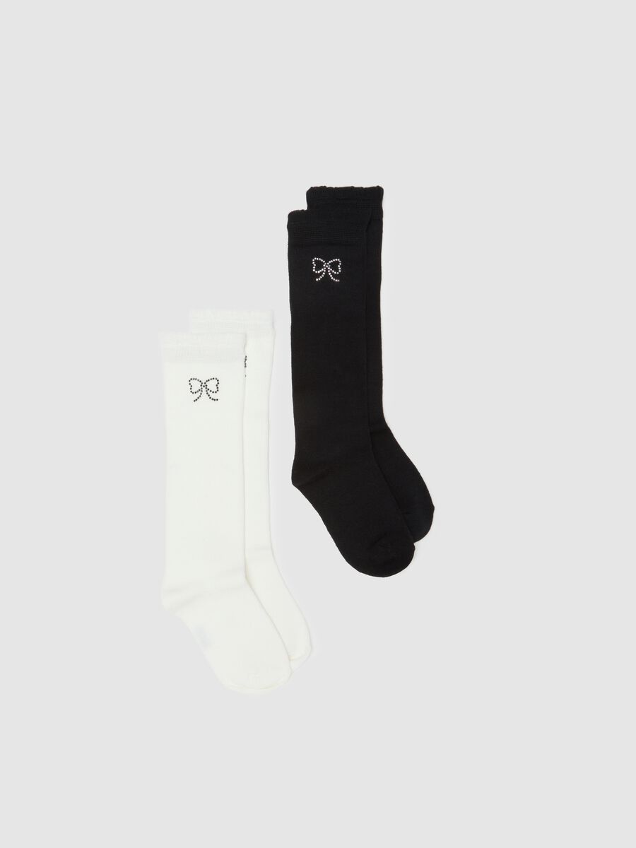 Lot de deux paires de chaussettes longues noires et blanches avec nœud_0