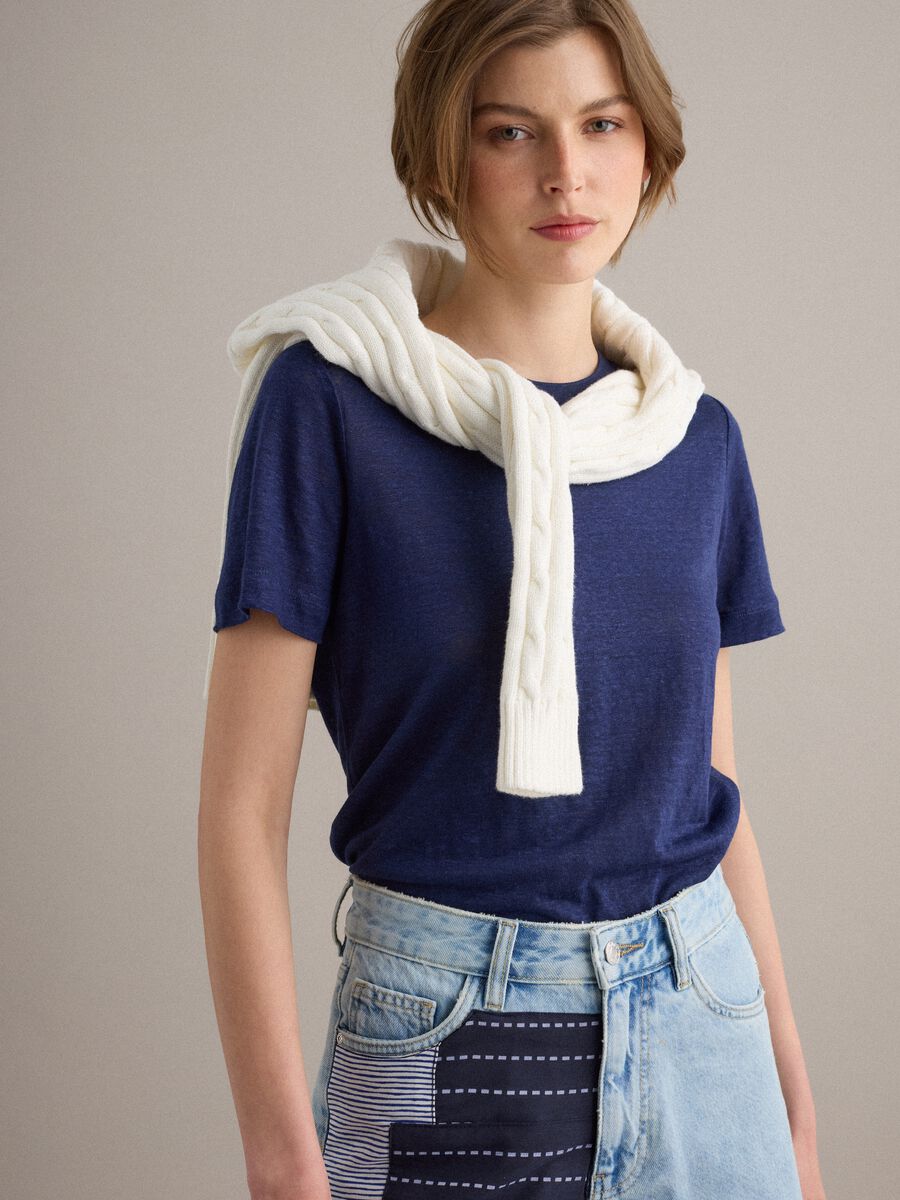 Blue pure linen short-sleeve T-shirt, regular fit_0