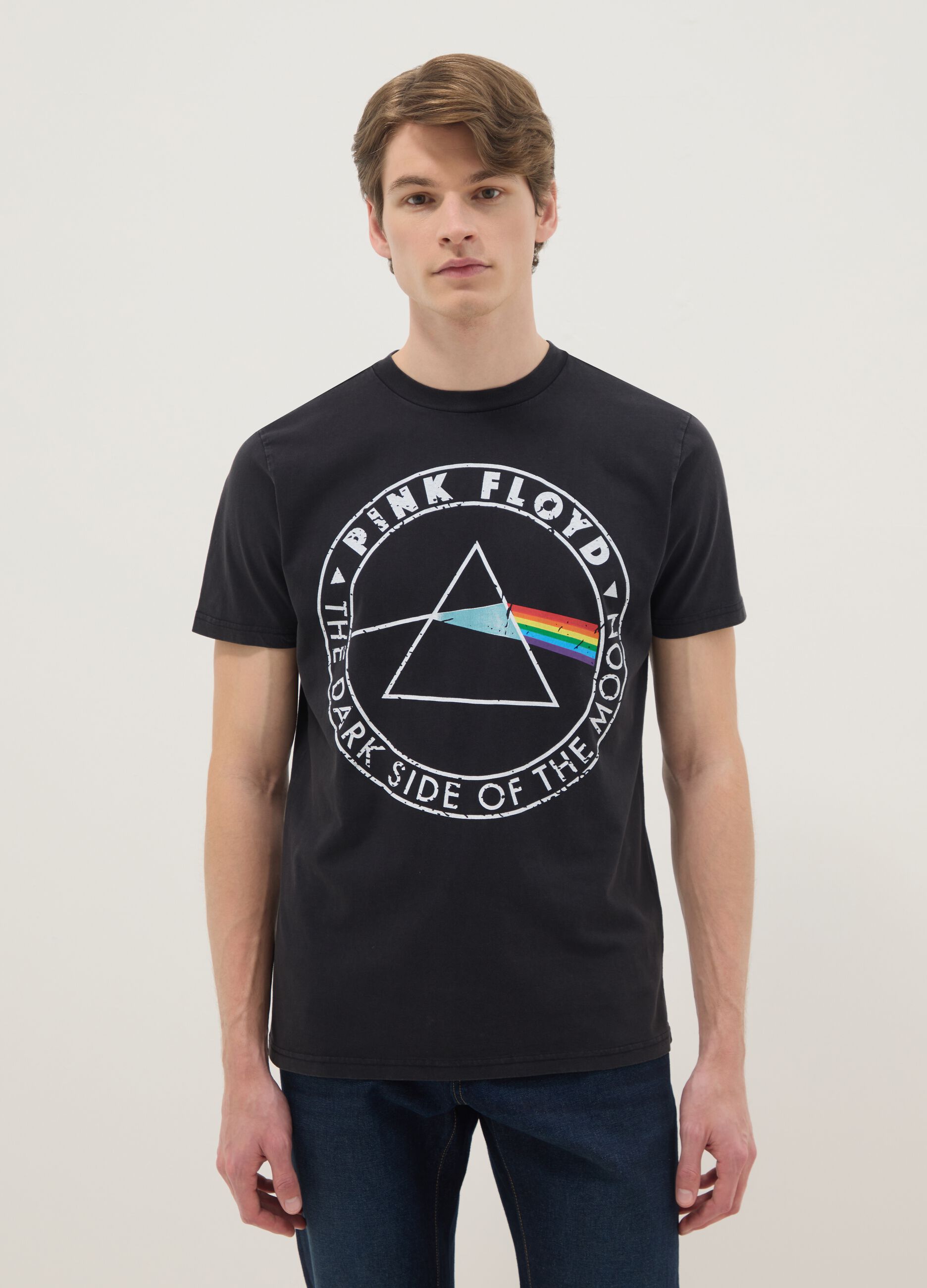 Schwarzes T-Shirt aus reiner Baumwolle im Regular Fit mit Pink Floyd-Druck