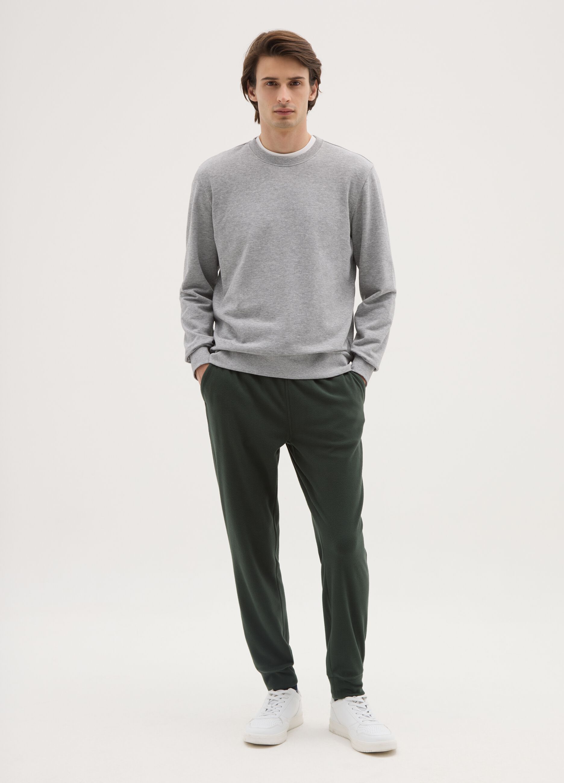 Regular Fit Green Fleece Trousers with Elastic Waist