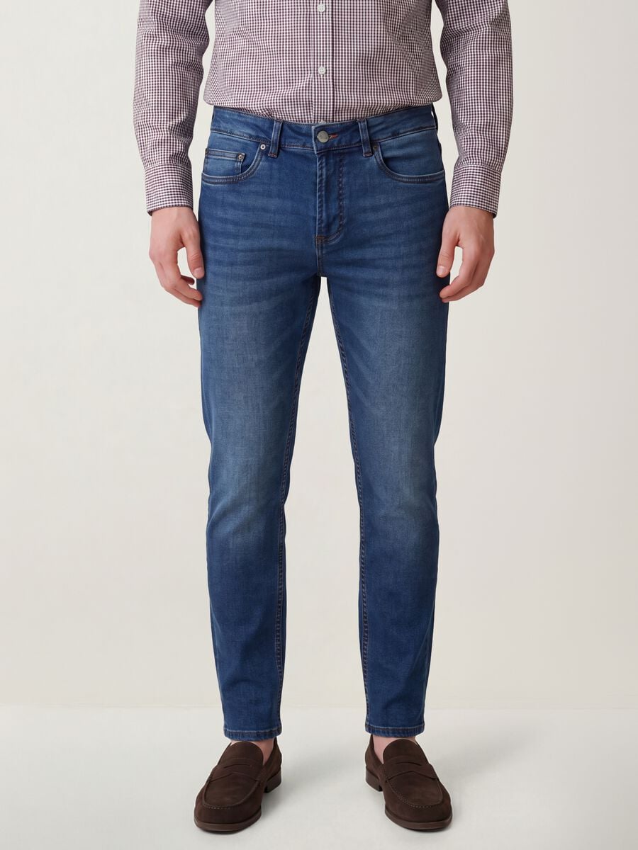 Blue stretch cotton slim tapered jeans_1