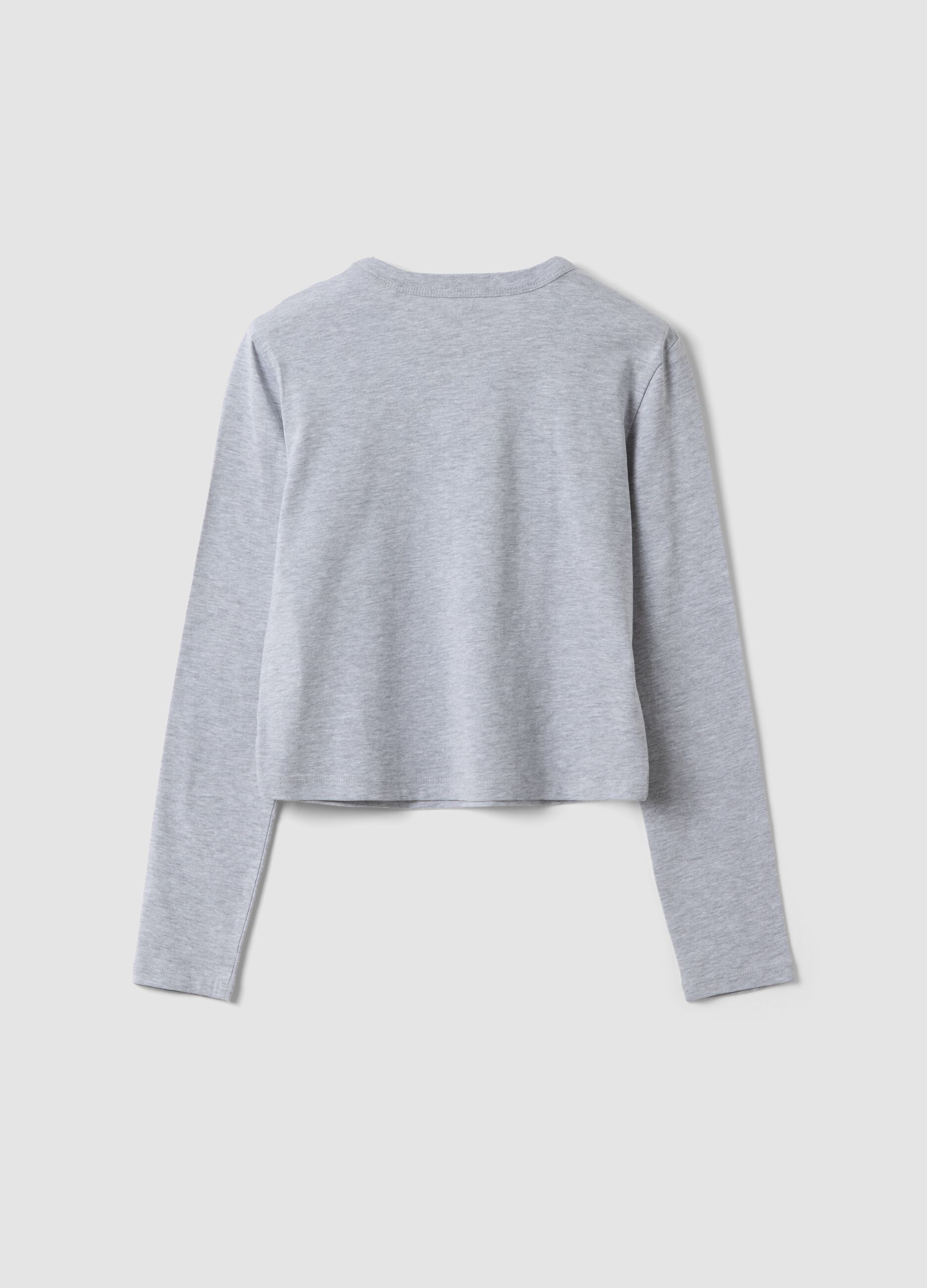 Girls&rsquo; grey organic cotton crop T-shirt with ribbed neckline