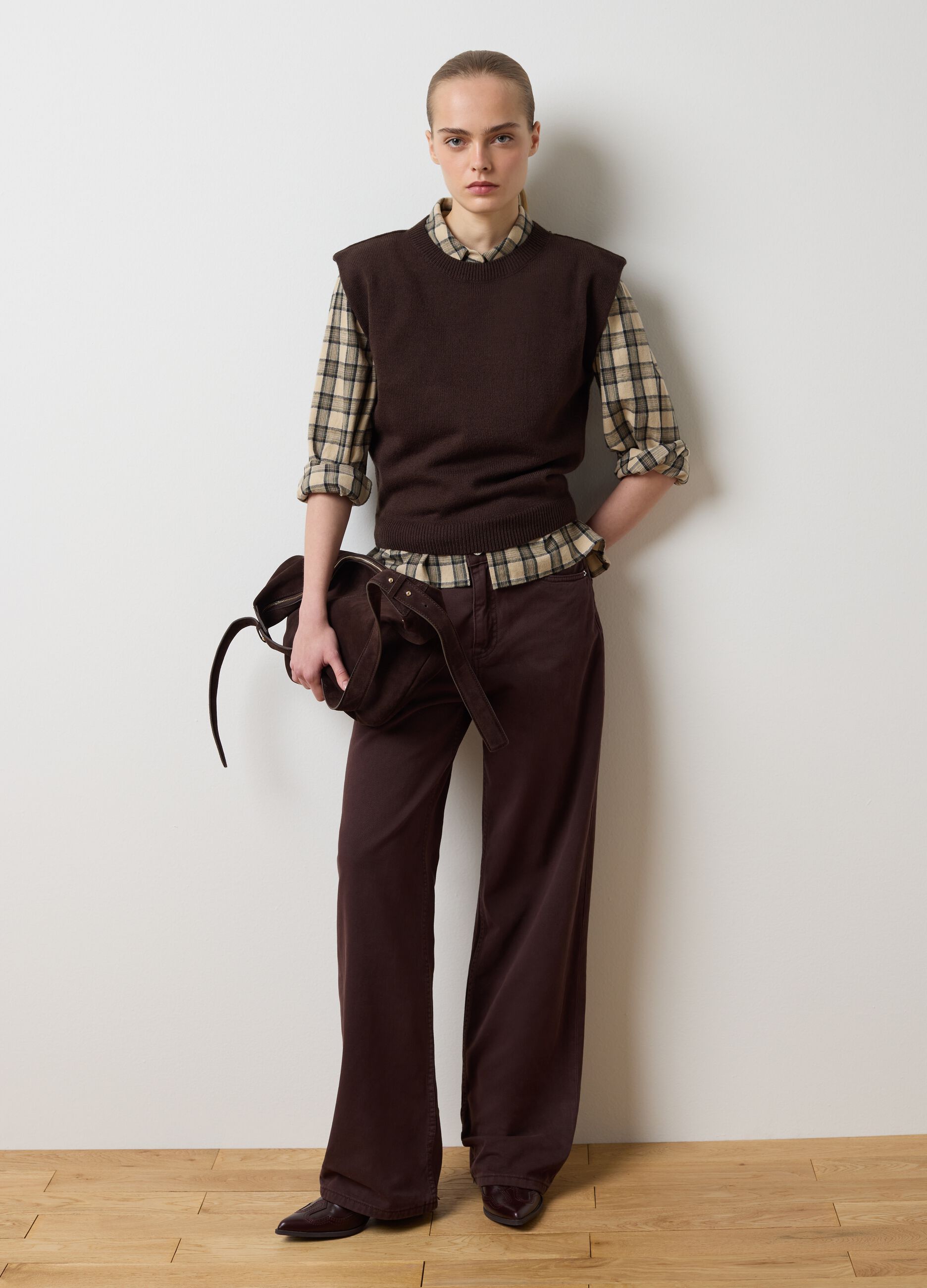 Brown wide leg jeans in pure cotton