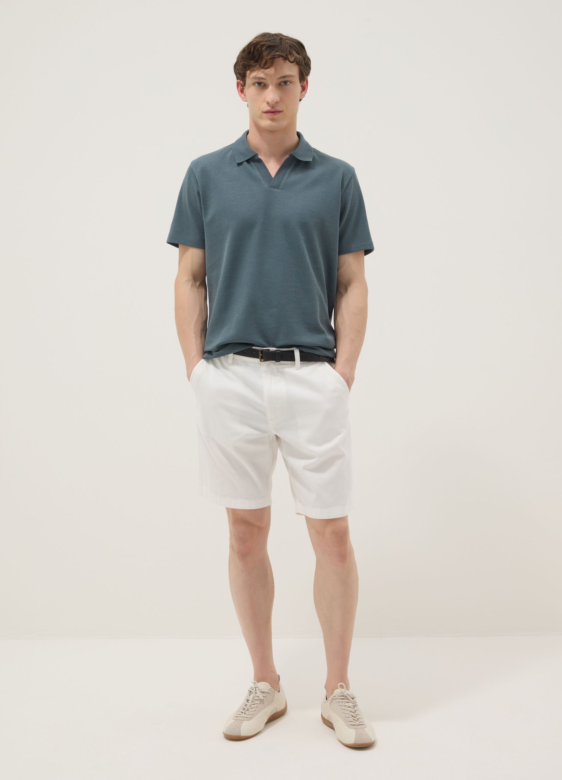 Green stretch cotton short-sleeve polo