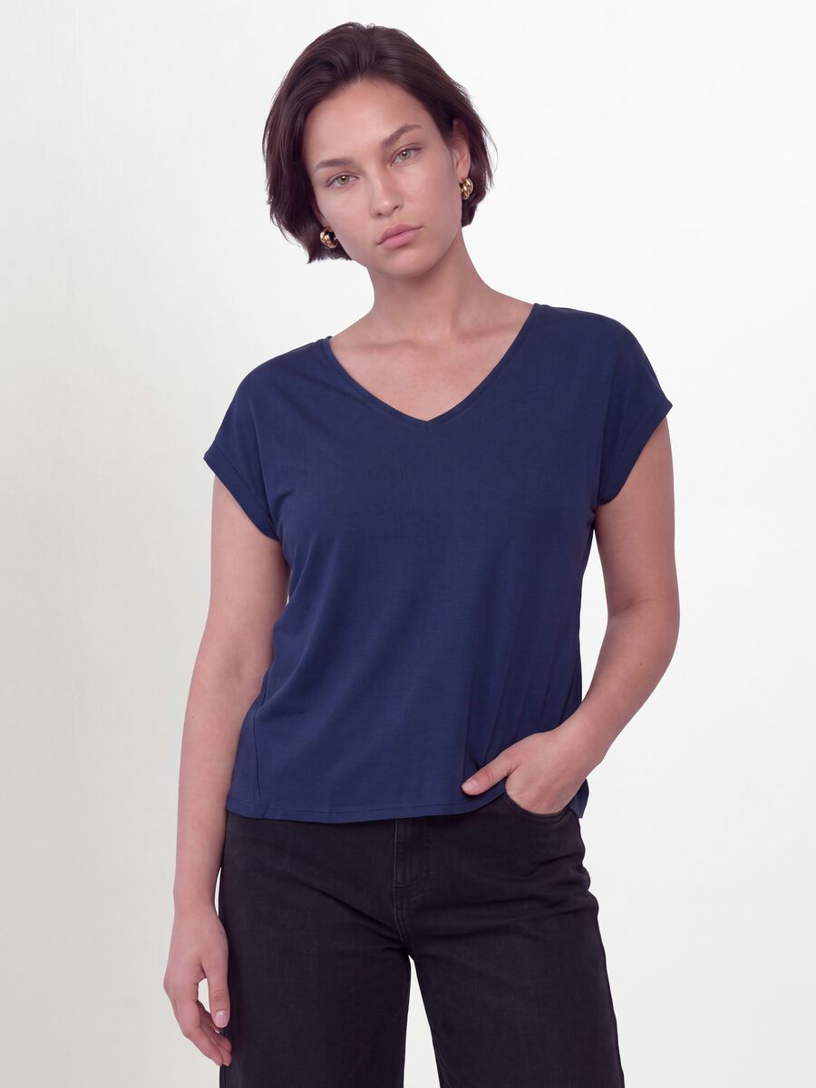 Blue pure viscose V-neck T-shirt, regular fit_0