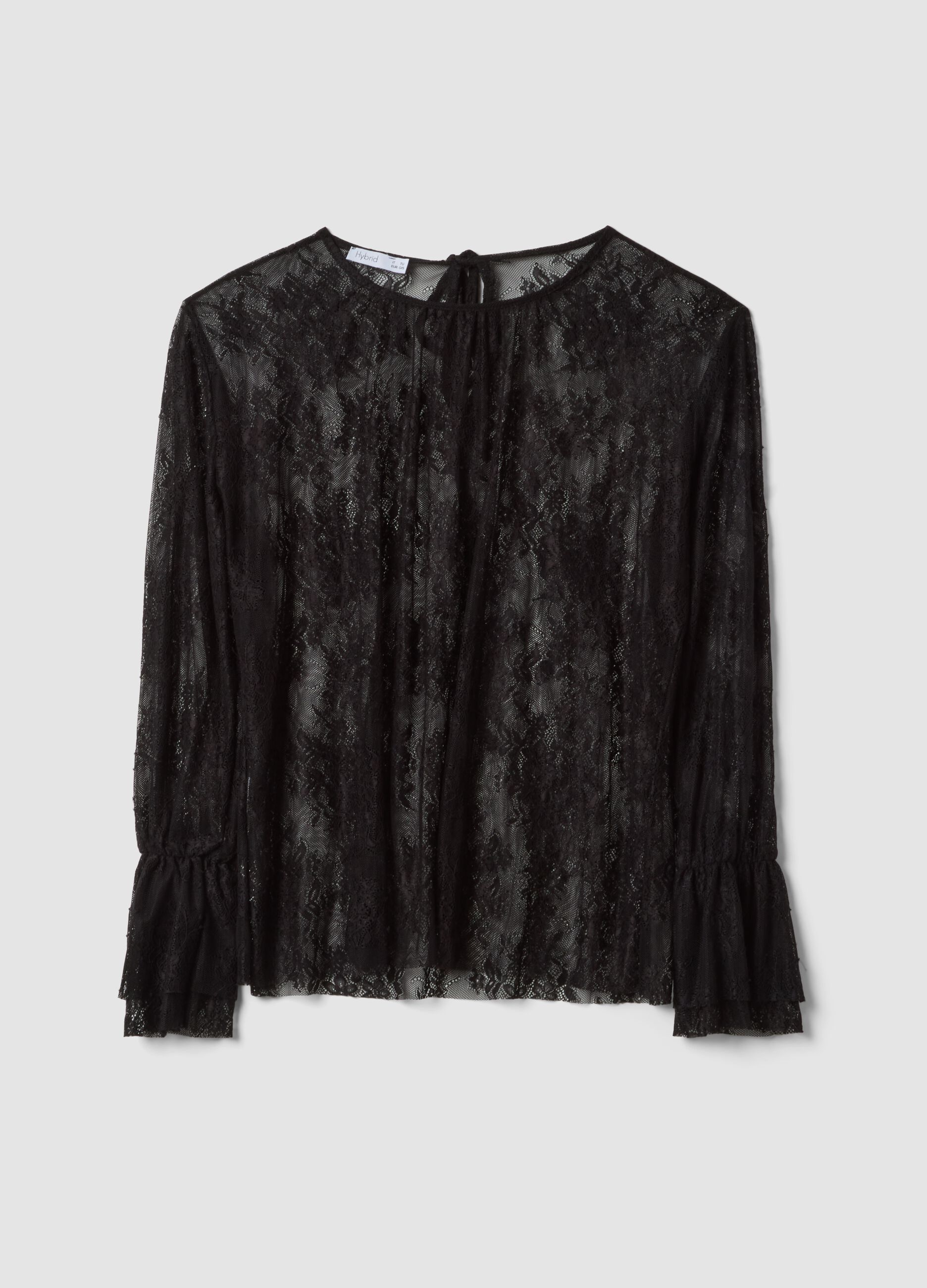 Blusa negra el&aacute;stica con encaje transparente, corte regular